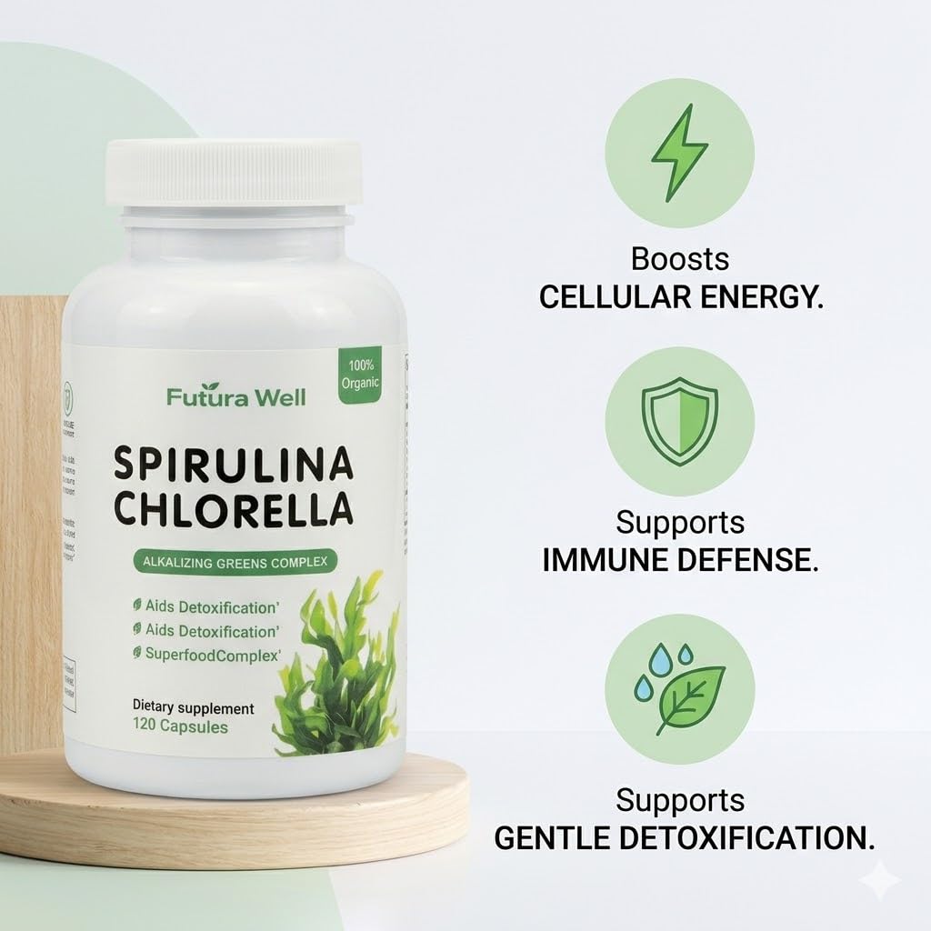 Galriva Organic Spirulina & Chlorella Capsules with Chlorophyll, Green Food Complex, 60 Capsules