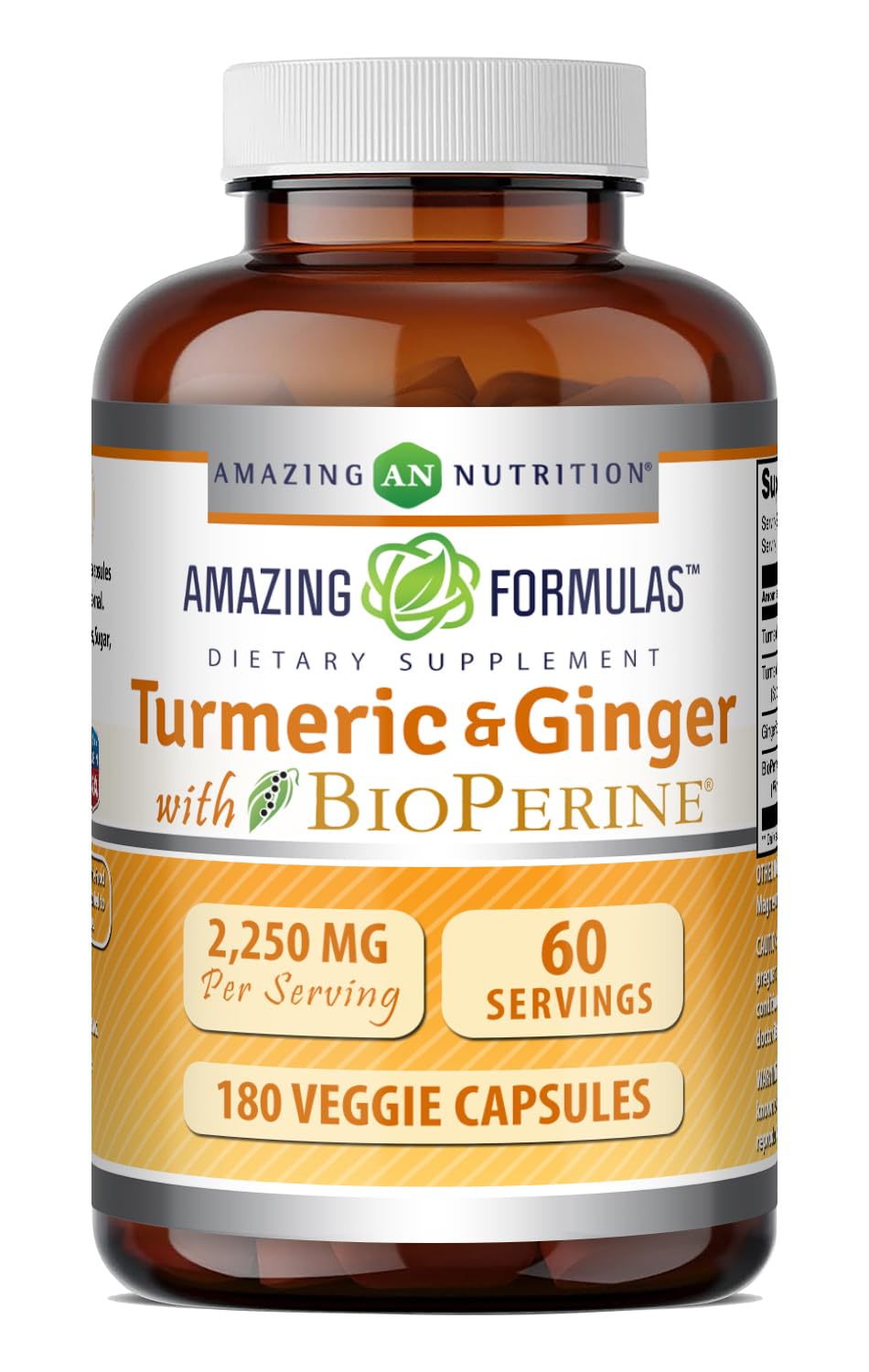 Amazing Nutrition Turmeric Curcumin & Ginger with BioPerine Supplement Veggie Capsules 180 Count
