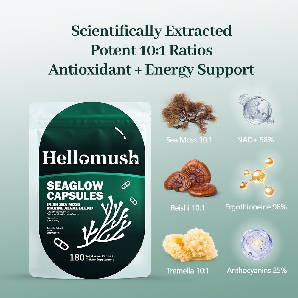 Hellomush Organic Sea Moss Capsules with Reishi & Tremella 10:1 Extract, Immune Support, 180 Capsules