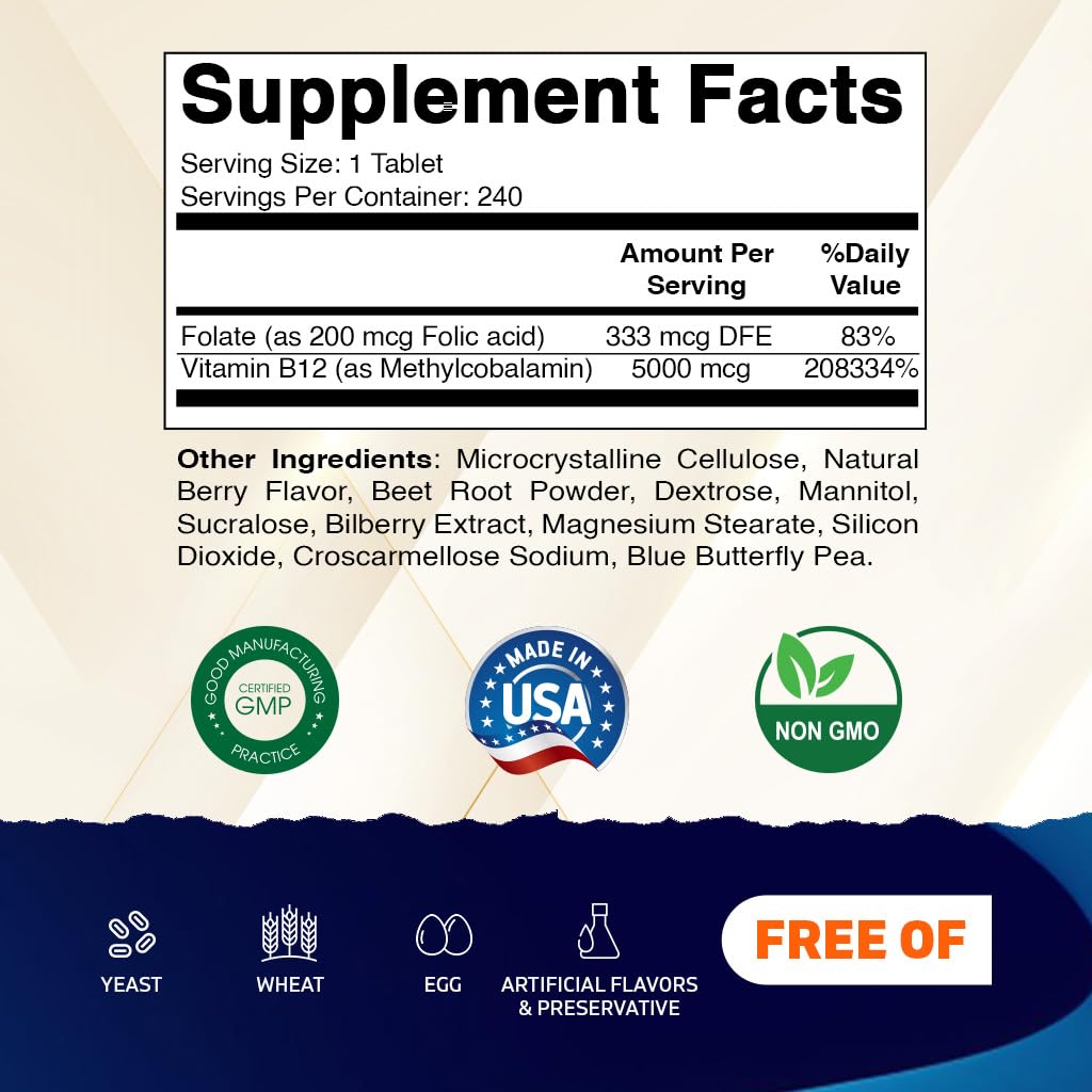Vitamatic Methyl B12 5000 mcg with Folic Acid Fast Dissolve Tablets, 240 Tablets