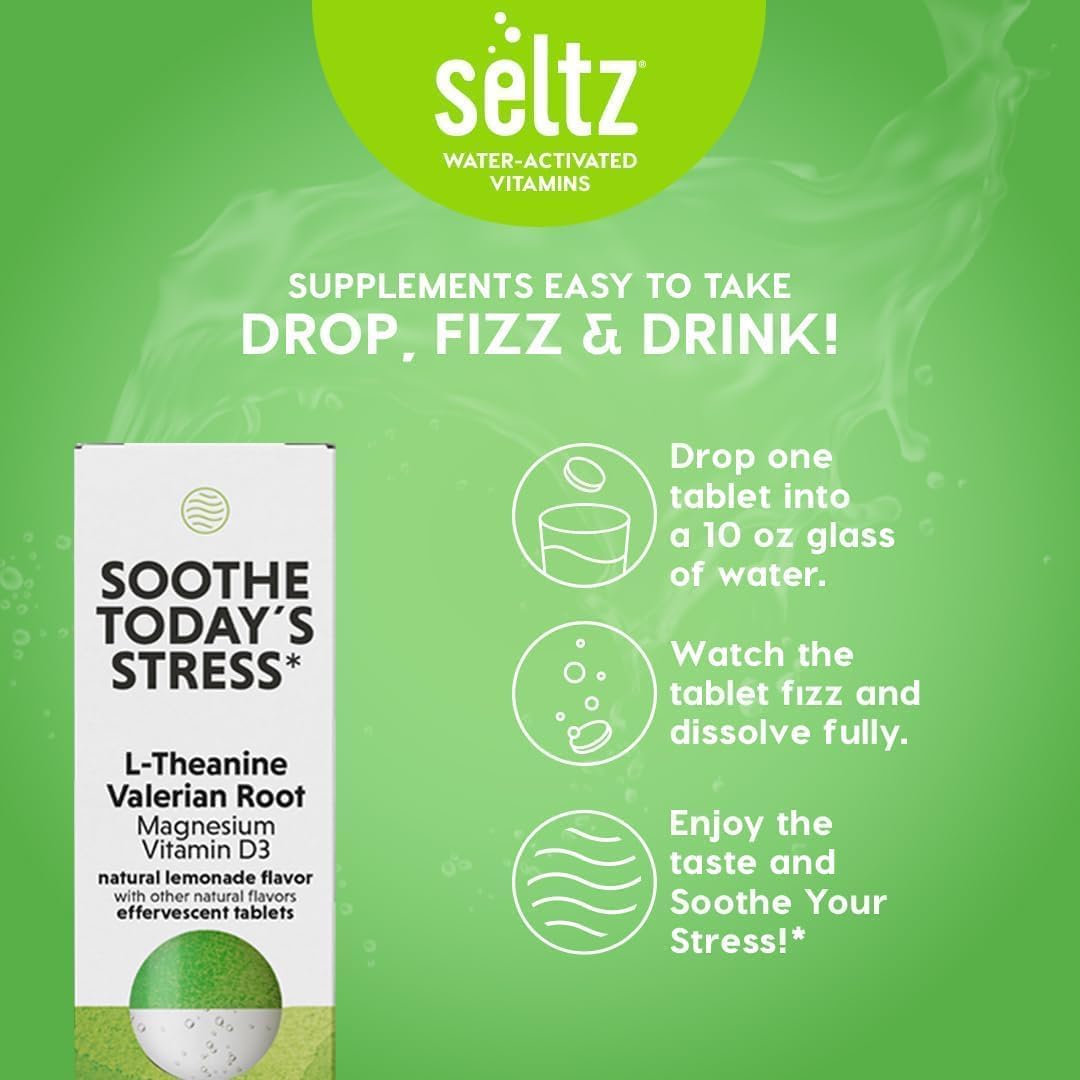 Seltz Soothe Today’s Stress – Effervescent Vitamins for Relaxation & Focus with L-Theanine, Magnesium & Vitamin D3, Lemonade Flavor, 90 Tablets