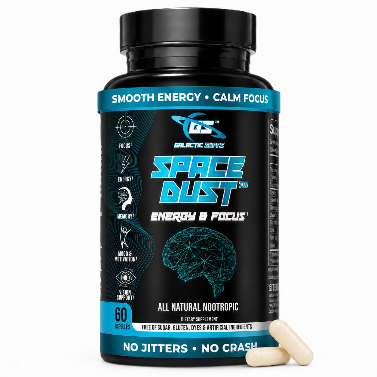 GALACTIC SUPPS Space Dust Nootropic Brain Supplement for Focus, Energy & Memory Support – TeaCrine, L-Theanine, L-Tyrosine, Mucuna & Lutein – Cognitive and Screen Support – 60 Capsules