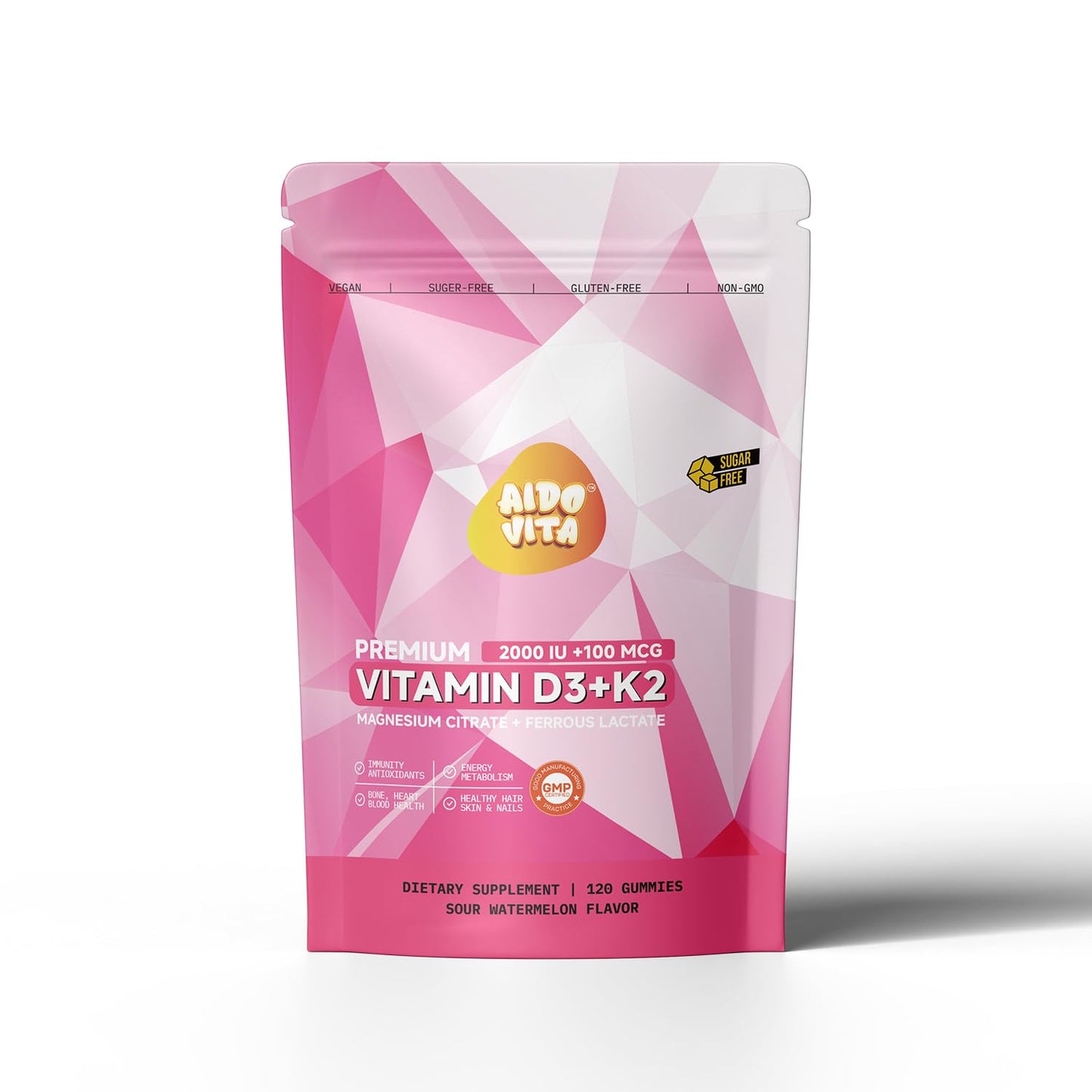 AIDO VITA Premium Vitamin D3 + K2 Gummies with Iron & Magnesium - Sour Watermelon Flavor - Immune, Bone & Heart Support - Vegan, Pectin-Based, Gluten-Free 120 Gummies
