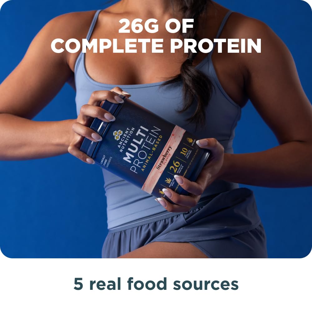 Ancient Nutrition Grass Fed Multi Protein, Bone Broth, Whey Protein Powder, Strawberry Flavor, 18 Servings