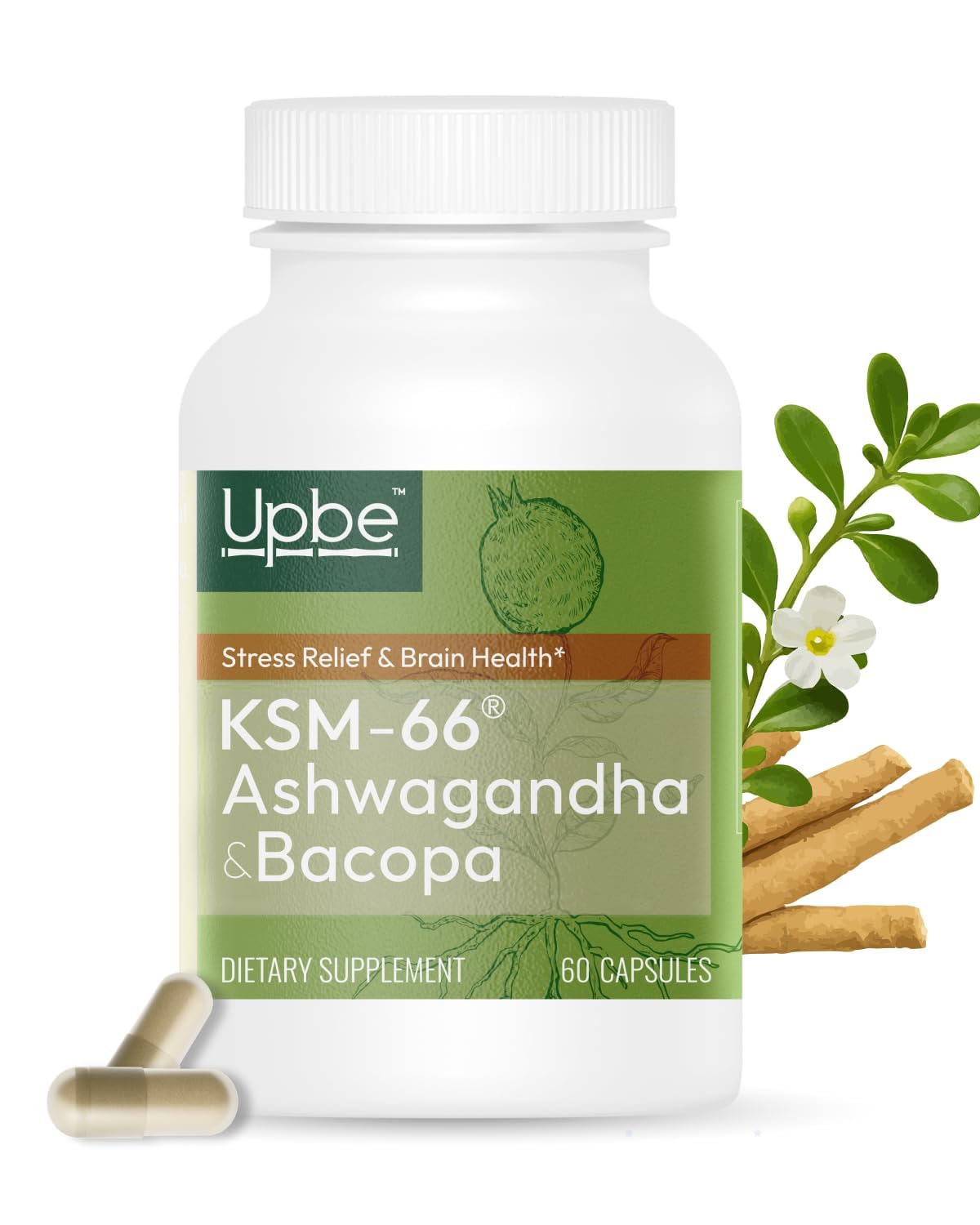 Upbe Ashwagandha Supplements - KSM-66® with Bacopa & Milk Thistle, 60 Vegan Capsules