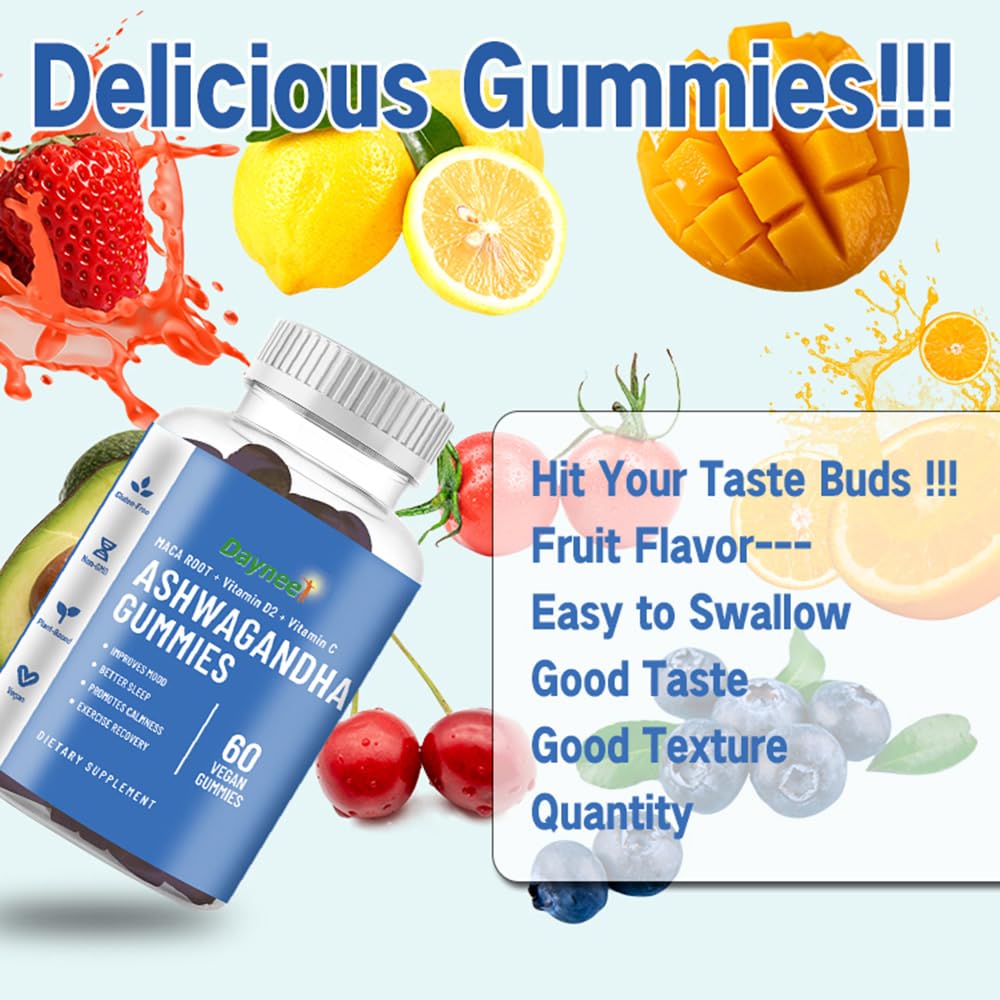 AIHIYO Ashwagandha Gummies with Maca Root, Vitamin D2 and Vitamin C, Vegan, Plant-Based, Non-GMO, Blueberry Flavor, 60 Count