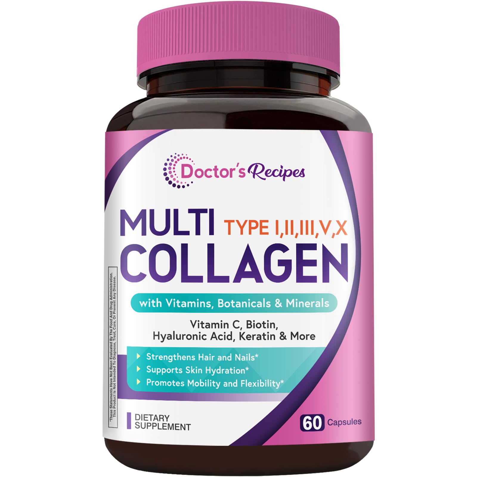 Doctor's Recipes Multi Collagen Peptides, Type I, II, III, V, X, 1000 mg Per Serving, Vitamin C, Biotin, Hyaluronic Acid, Keratin, Turmeric, for Hair, Nails, Skin, Stay Active, Antioxidant Capsule, 60 Count