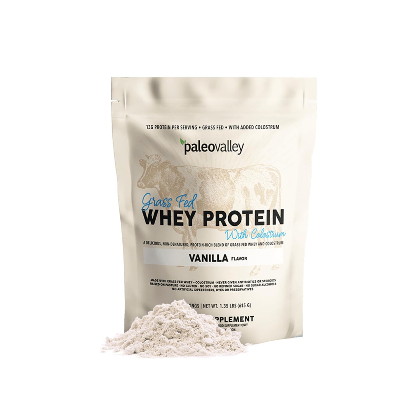 Paleovalley 100% Grassfed Whey Protein Powder with Colostrum, Vanilla, 21.6 oz