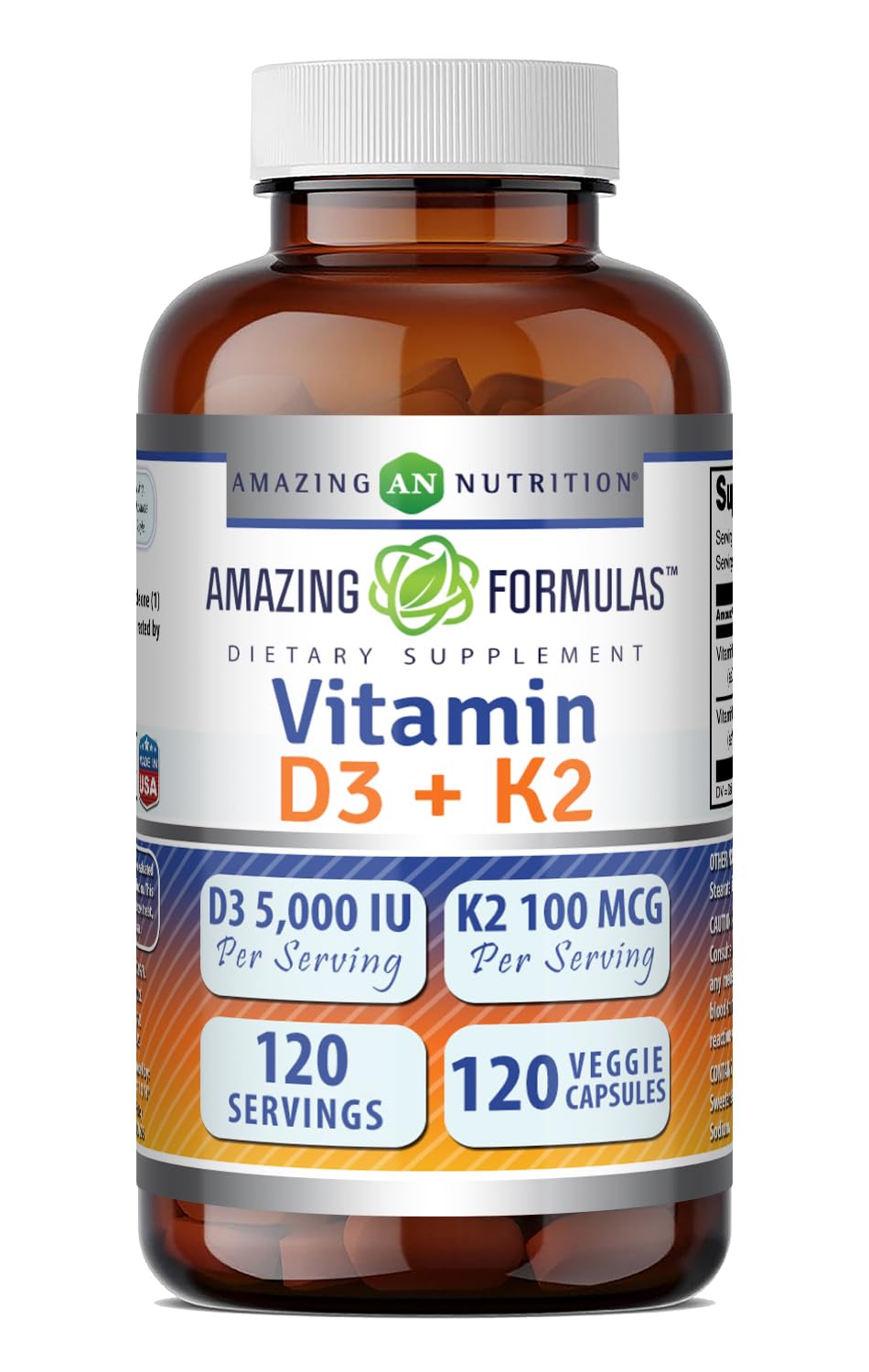 Amazing Nutrition Vitamin D3 5000 IU with Vitamin K2 100 mcg Veggie Capsules, 120 Count