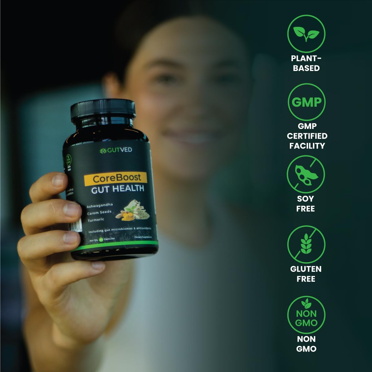 GUTVED Bloating & Gas Relief Probiotic for Women & Men 9-in-1 Gut & Digestive Support with Probiotics, Prebiotic Inulin, Turmeric, Ginger & Fennel 60 Capsules