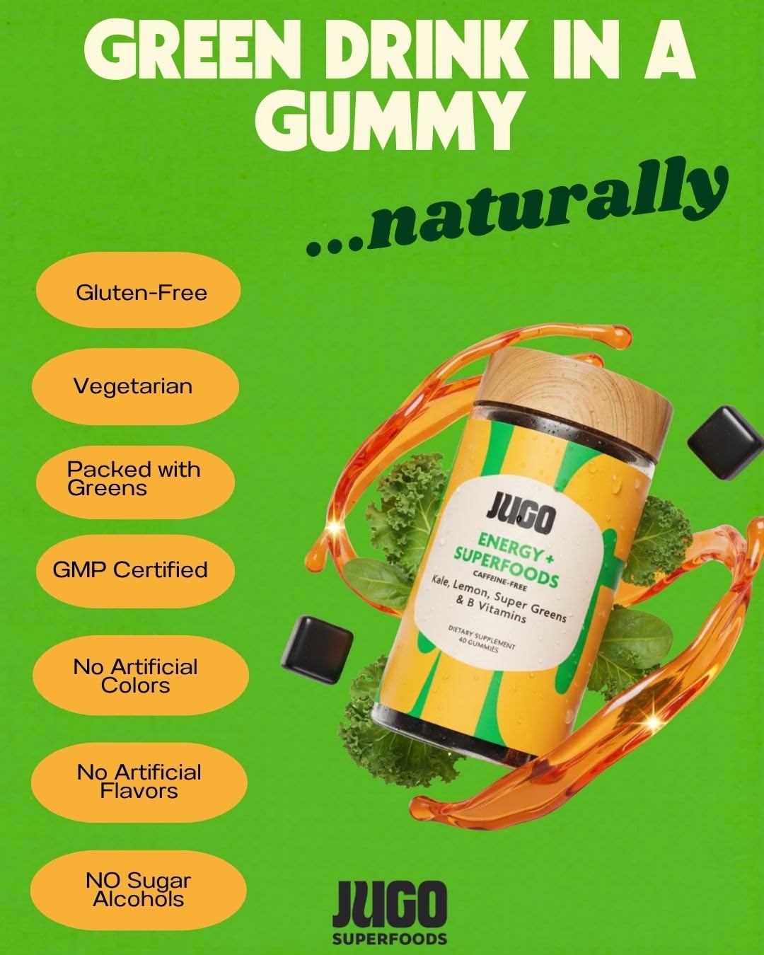 JUGO LLC Energy + SUPERFOODS Vitamin B12 Gummies with Kale & Super Greens, Caffeine-Free Pre-Workout Energy Gummies, 40 Count