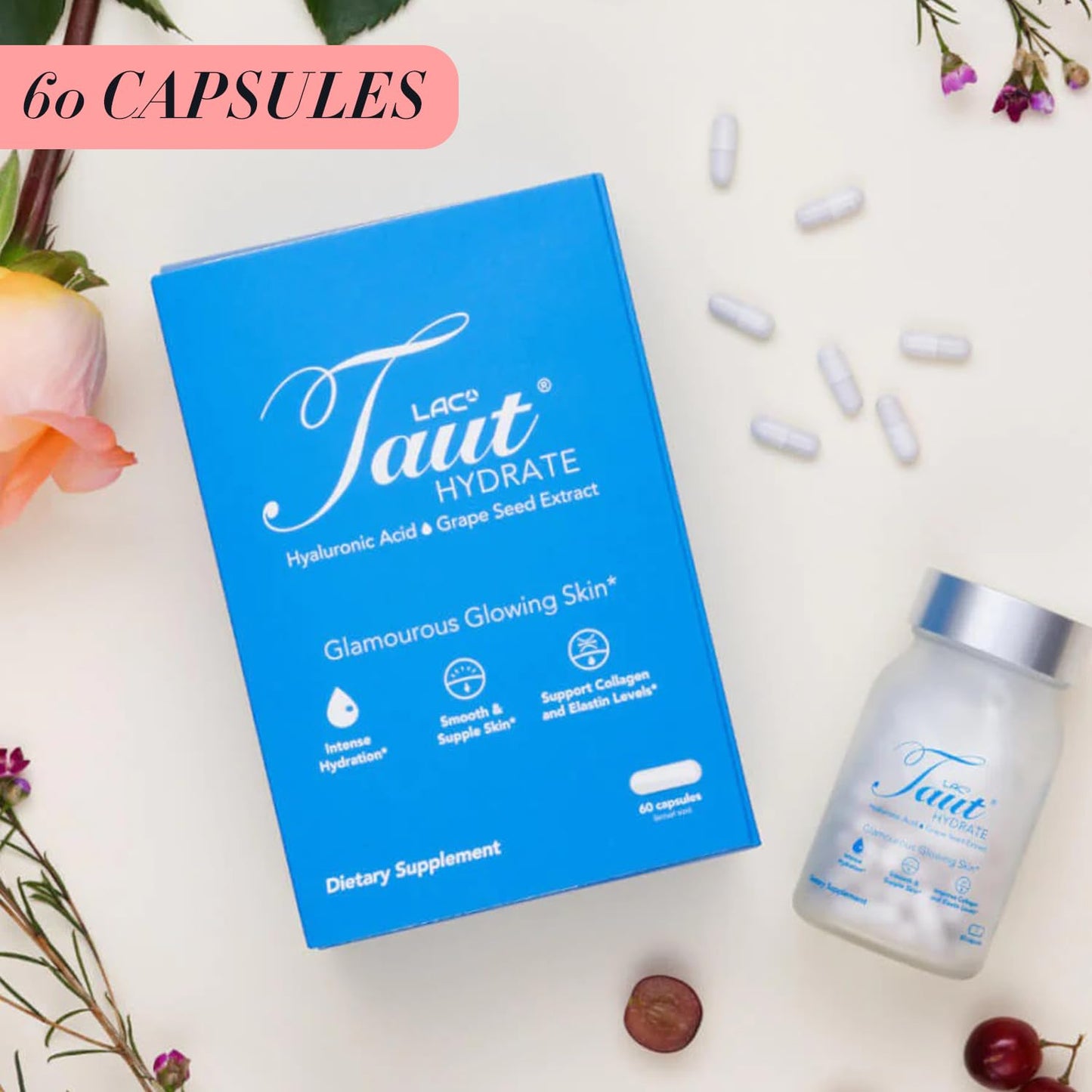 TAUT Hydrate Hyaluronic Acid Supplement 120mg, Vegan Capsules with Grape Seed Extract, 60 Capsules