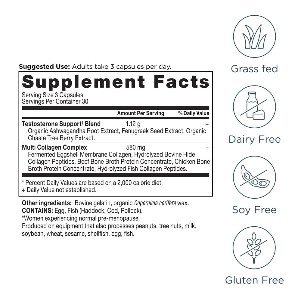 Ancient Nutrition Testosterone Support + Collagen Supplement with Hydrolyzed Collagen Peptides, 90 Capsules