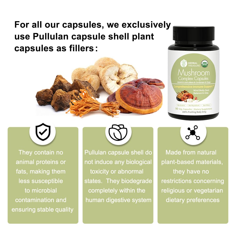 WL Herbal Treasure 4 in 1 Mushroom Complex Adaptogens with Lion's Mane, Reishi, Chaga & Cordyceps Capsule 90 Count