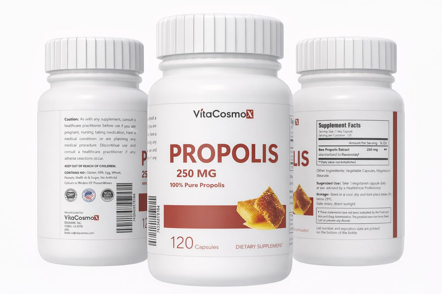 VitaCosmoX Bee Propolis Capsules 250mg, 120 Count