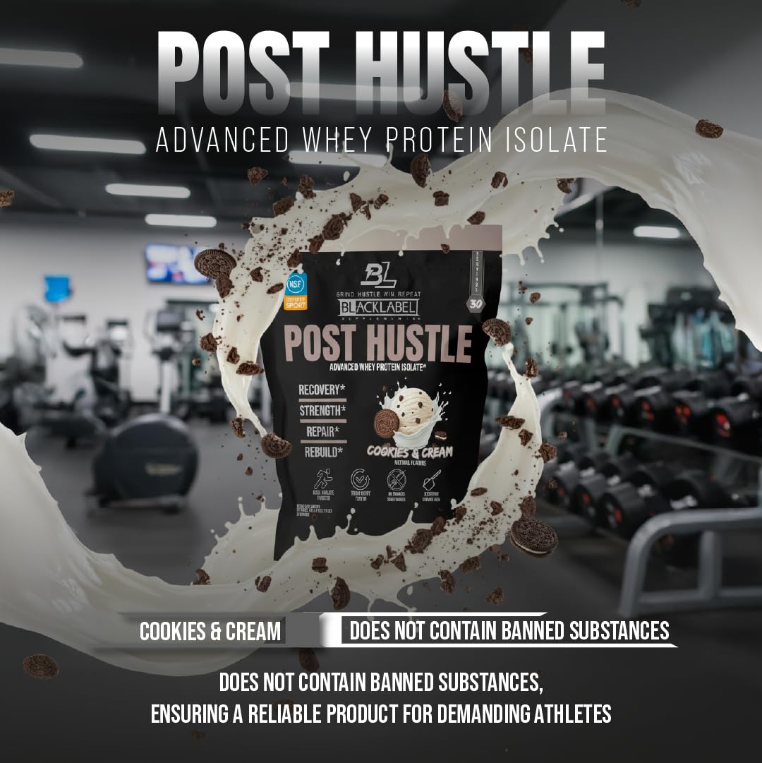 BLACKLABEL Supplements Post Hustle Post Workout Protein Powder – Whey Isolate with Digestive Enzymes, Cookies & Cream, 40 Servings