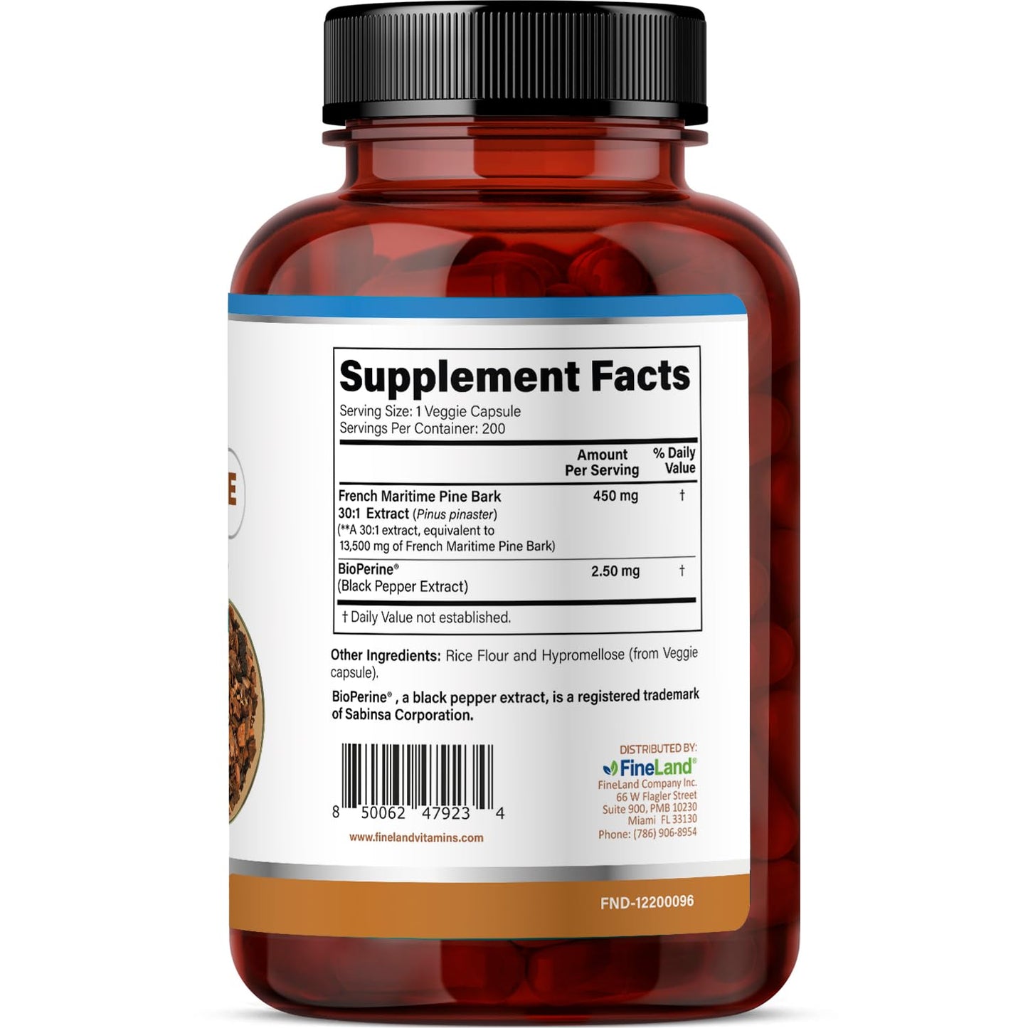 FineLand French Maritime Pine Bark 30:1 Extract Capsules, 200 Count