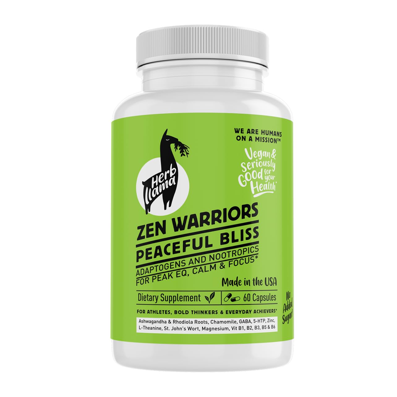 Herb Llama 19-Adaptogen+Nootropic ingredients Ashwagandha Rhodiola Magnesium L-Theanine Zen Warriors Capsules, 60 Count