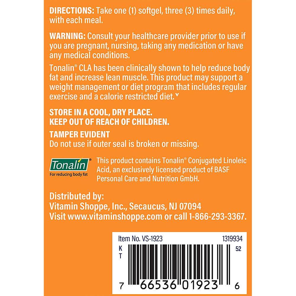 The Vitamin Shoppe Tonalin CLA 1000mg Softgel, Conjugated Linoleic Acid 740mg from Safflower Seeds - Supports Reduction of Body Fat, 180 Softgels