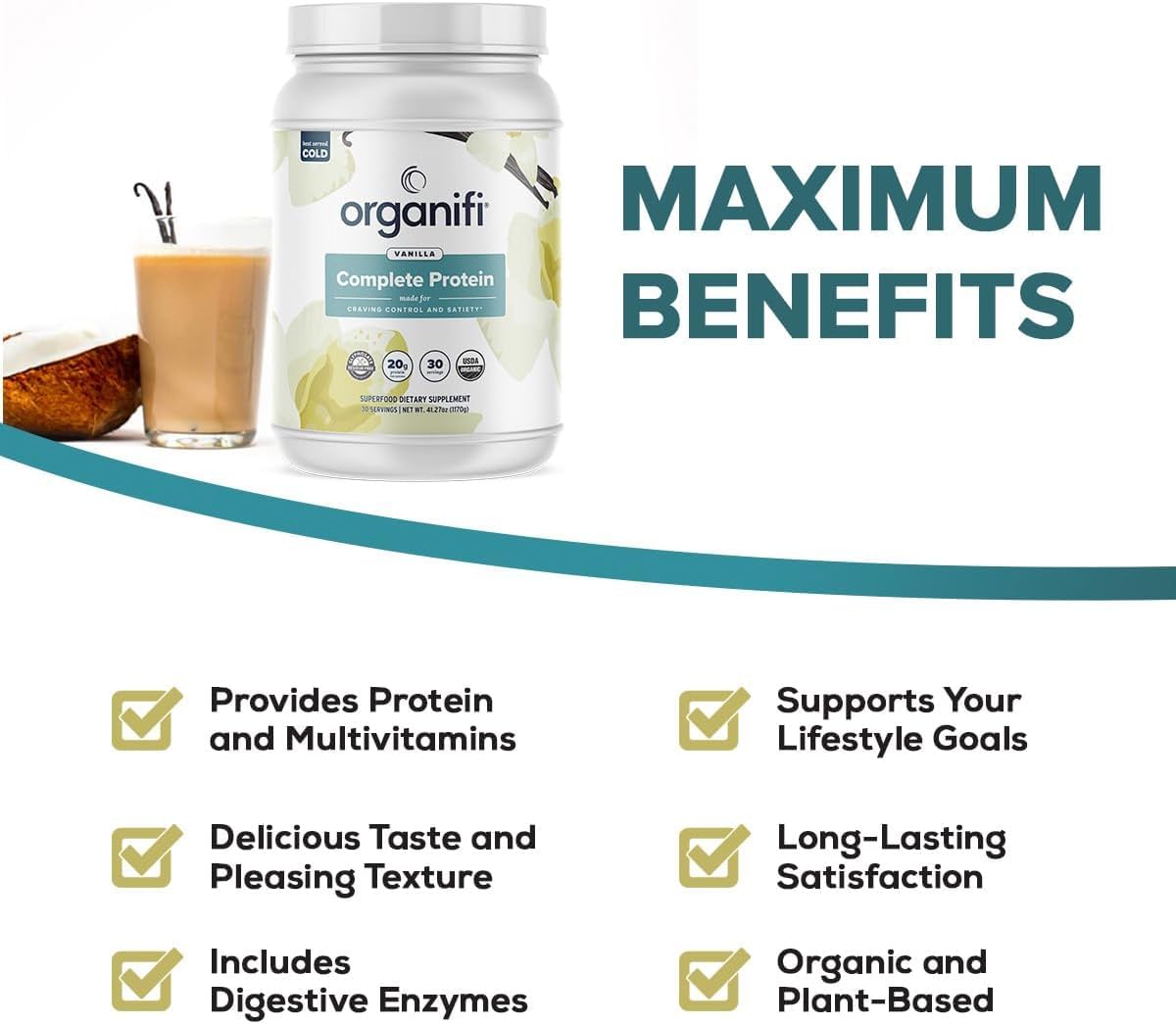 Generic Complete Protein Vanilla Flavor Organic Vegan Plant-Based Protein Powder With Enzymes, 2.7 lb