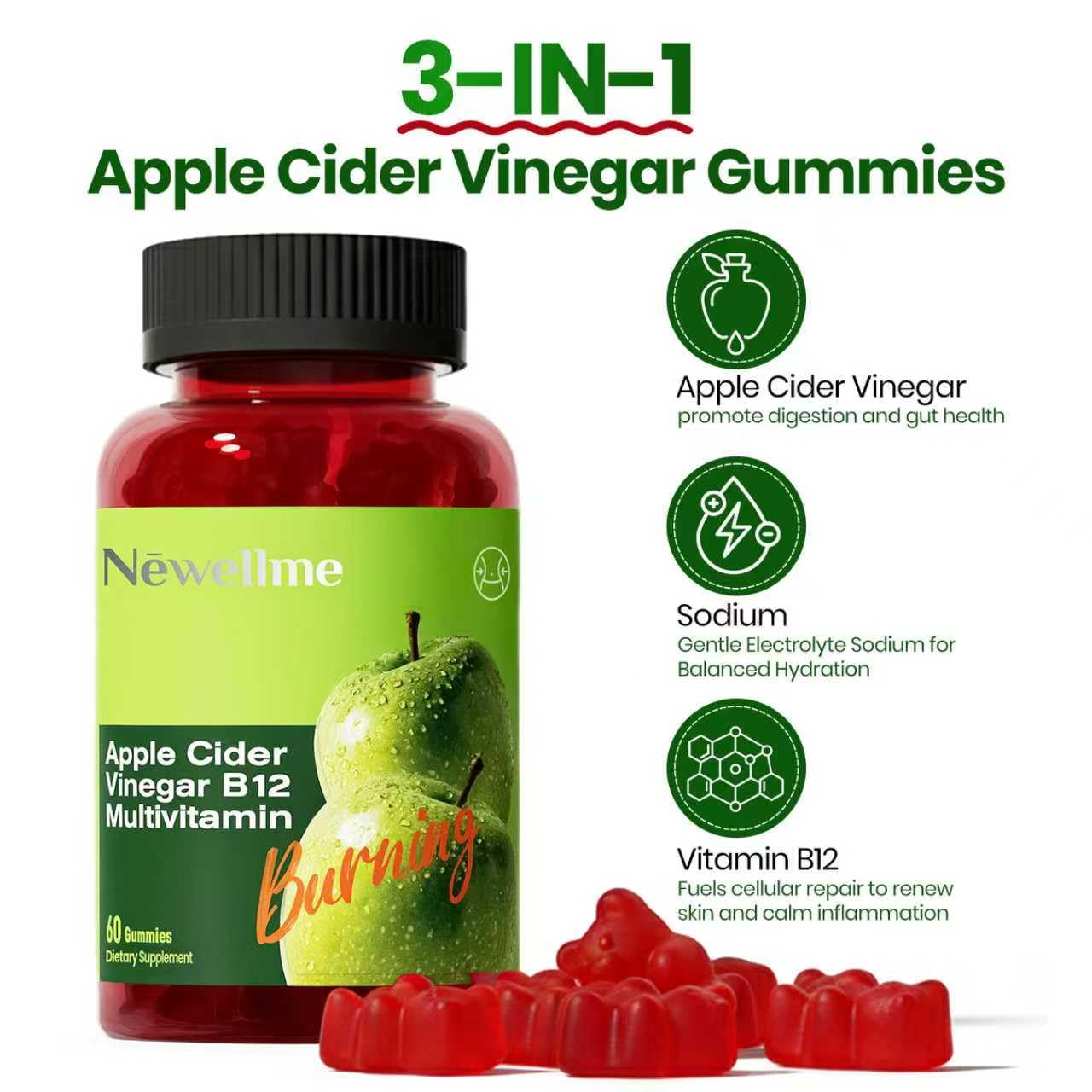 Montue Apple Cider Vinegar Gummies with B12 Multivitamin, Non-GMO, Vegetarian, Supports Energy Levels & Gut Health, 60 Gummies