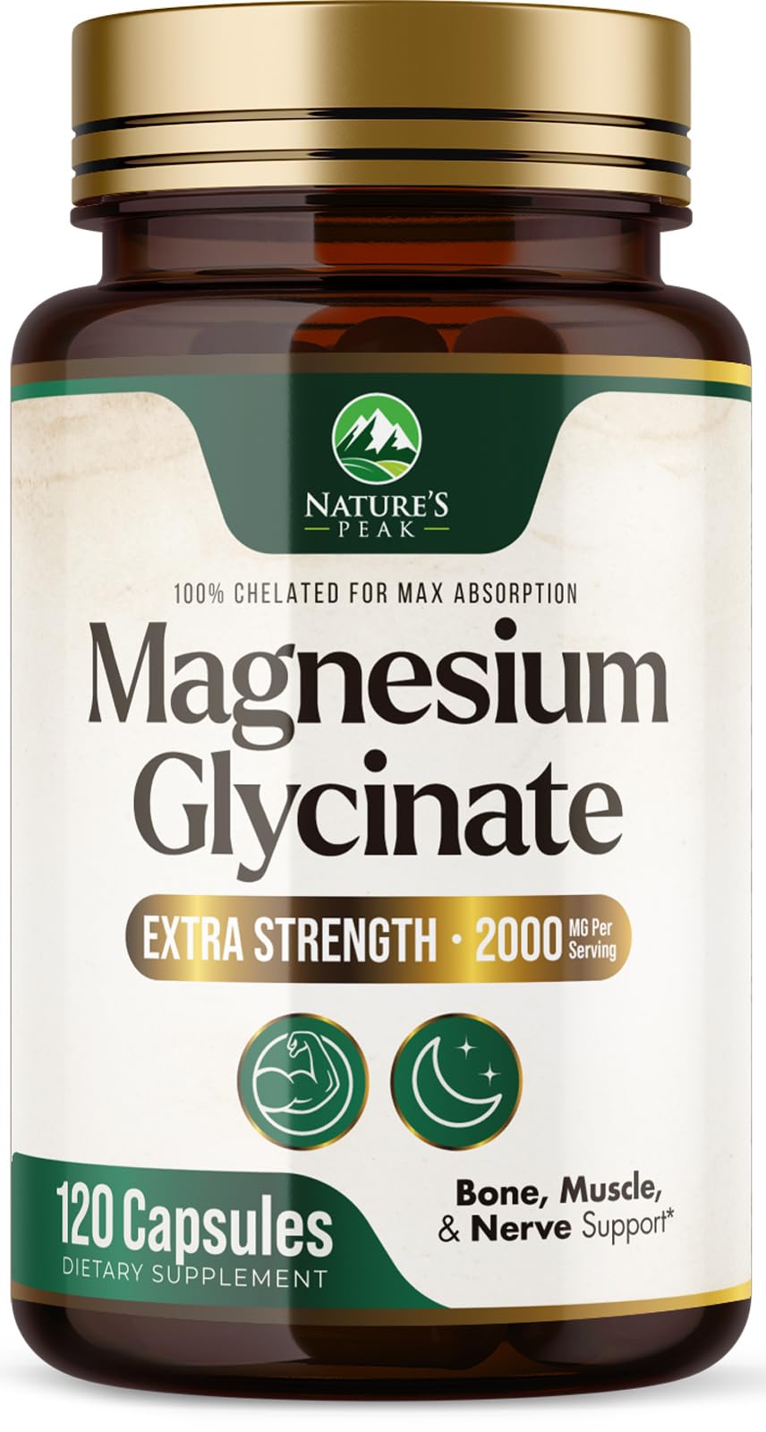 Nature's Peak Magnesium Glycinate 2000mg Per Serving Chelated Magnesium Supplement for High Absorption, Muscle, Bone & Heart Health Support, Easy on Stomach, Non-GMO, Vegan, 120 Tablets