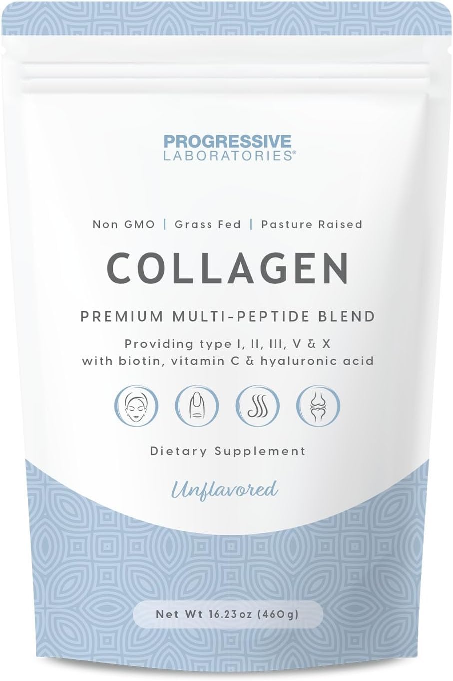 Progressive Laboratories Multi Collagen Peptides Powder – Types I, II, III, V & X with Biotin, Vitamin C & Hyaluronic Acid – Grass-Fed, Non-GMO, Unflavored Collagen Powder Supplement for Skin, Hair, Nails & Joint Support, 16.23