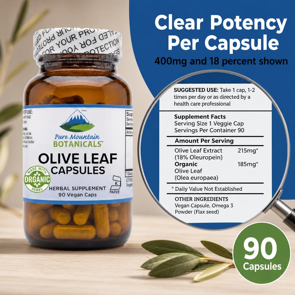 Pure Mountain Botanicals Olive Leaf Extract 400mg Capsules, 90 Count