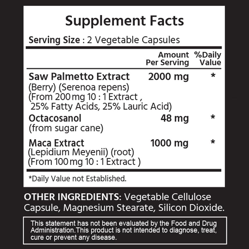 ML Naturals Saw Palmetto 2,000mg (Per Serving) – with Octacosanol & Maca – Supports Prostate - Non-GMO Vegan Capsules, 120 Count