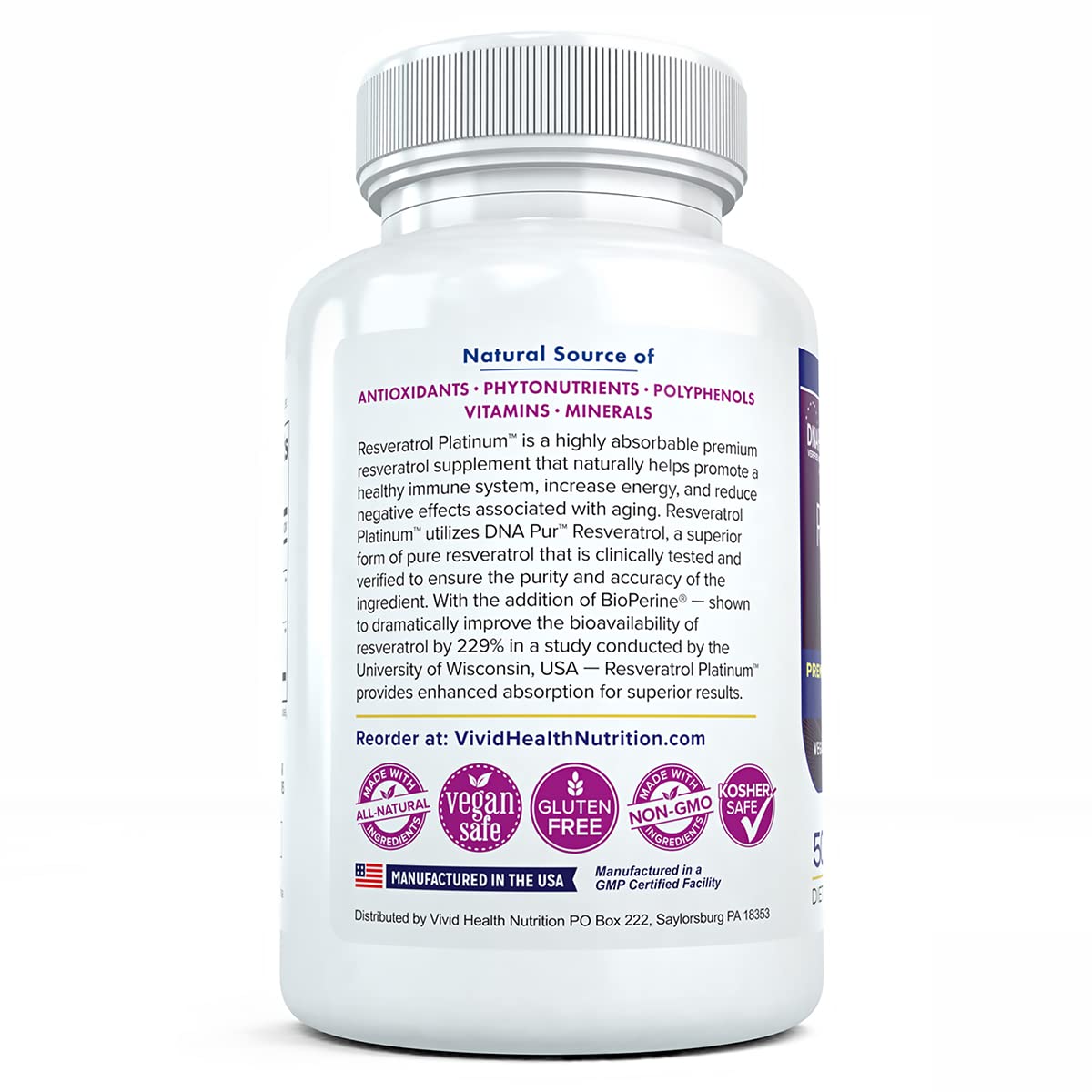 Vivid Health Nutrition Resveratrol Platinum Capsule, 30 Capsules Per Bottle