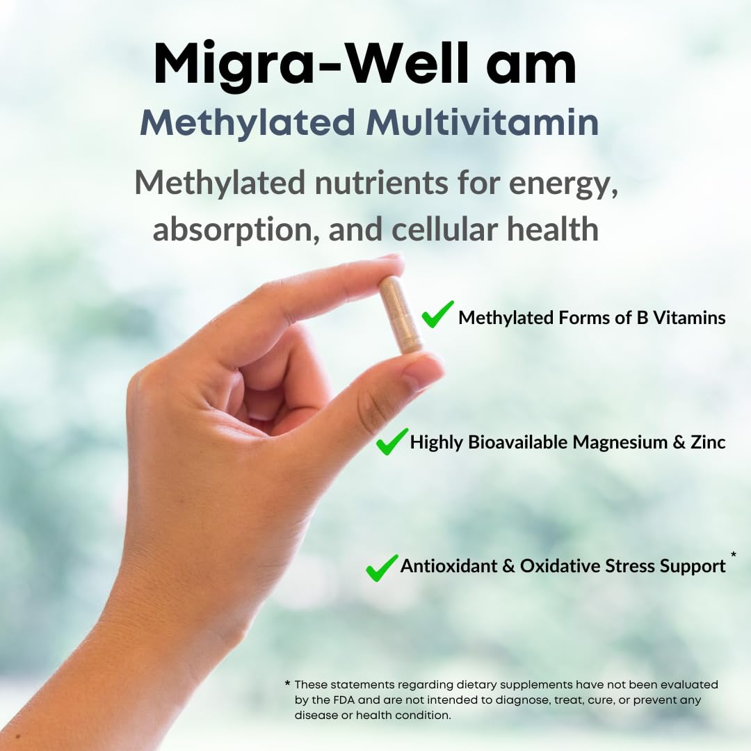 Wellkasa Migra-Well AM: Energizing Daily Methylated Multivitamin with Bioavailable Minerals & Antioxidants Supporting Brain & Nerve Health for Women and Men - Without Iron, 60 Capsules