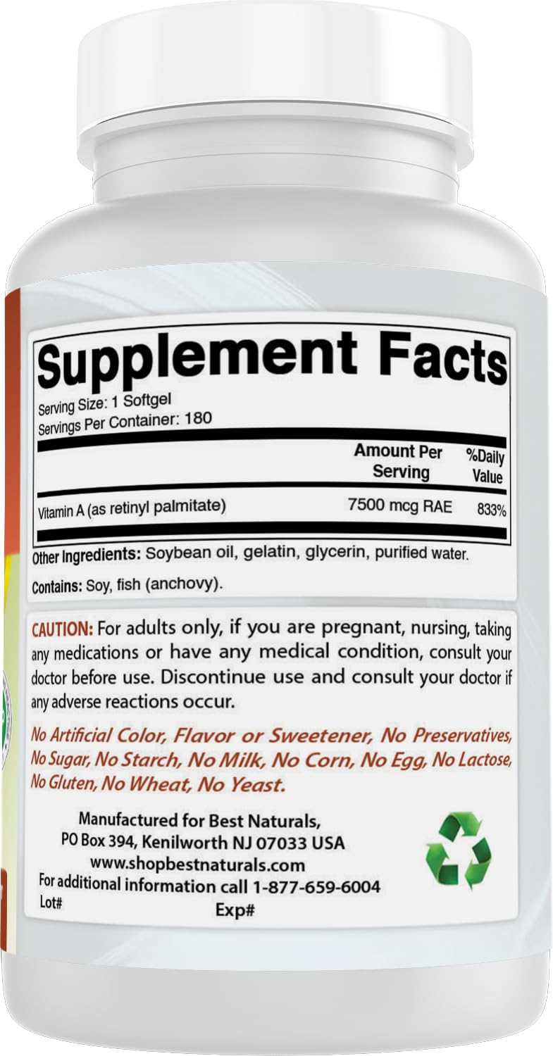 Best Naturals Vitamin A 25000 IU (7500 mcg) Softgels 180
