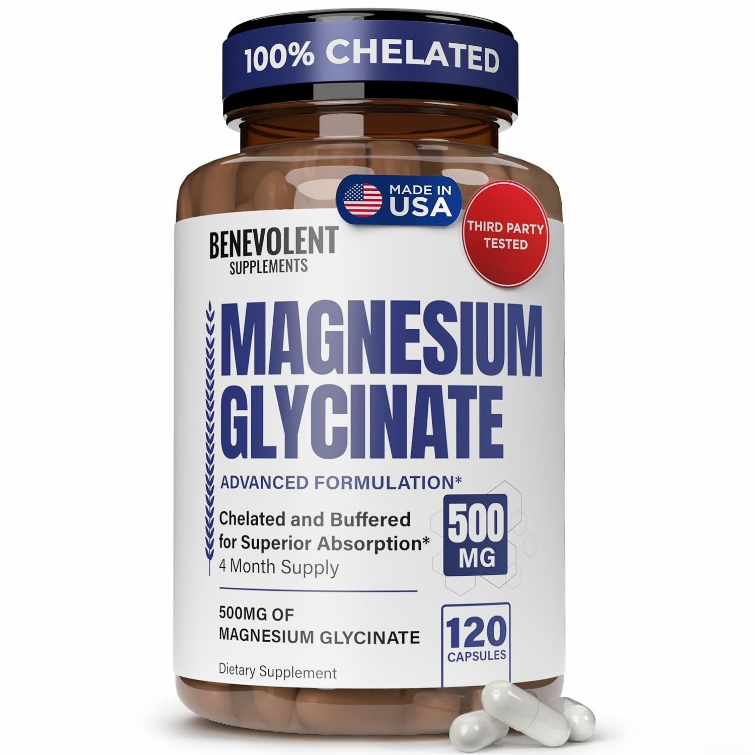 Benevolent Nourishment Magnesium Glycinate Capsules 500mg, High Absorption Formula, 120 Capsules