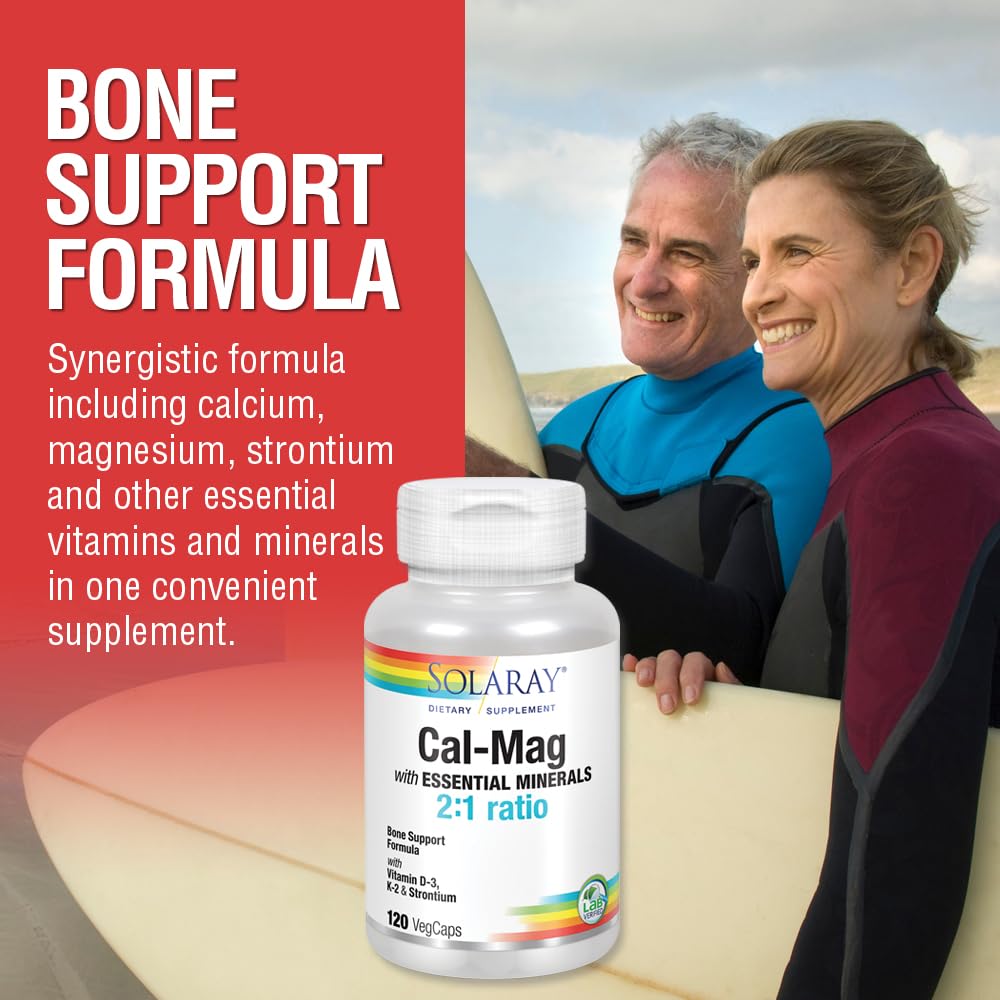 Solaray Cal-Mag with Essential Minerals Calcium, Magnesium, Strontium, Vitamins D-3 & K-2 Capsules, 120 VegCaps