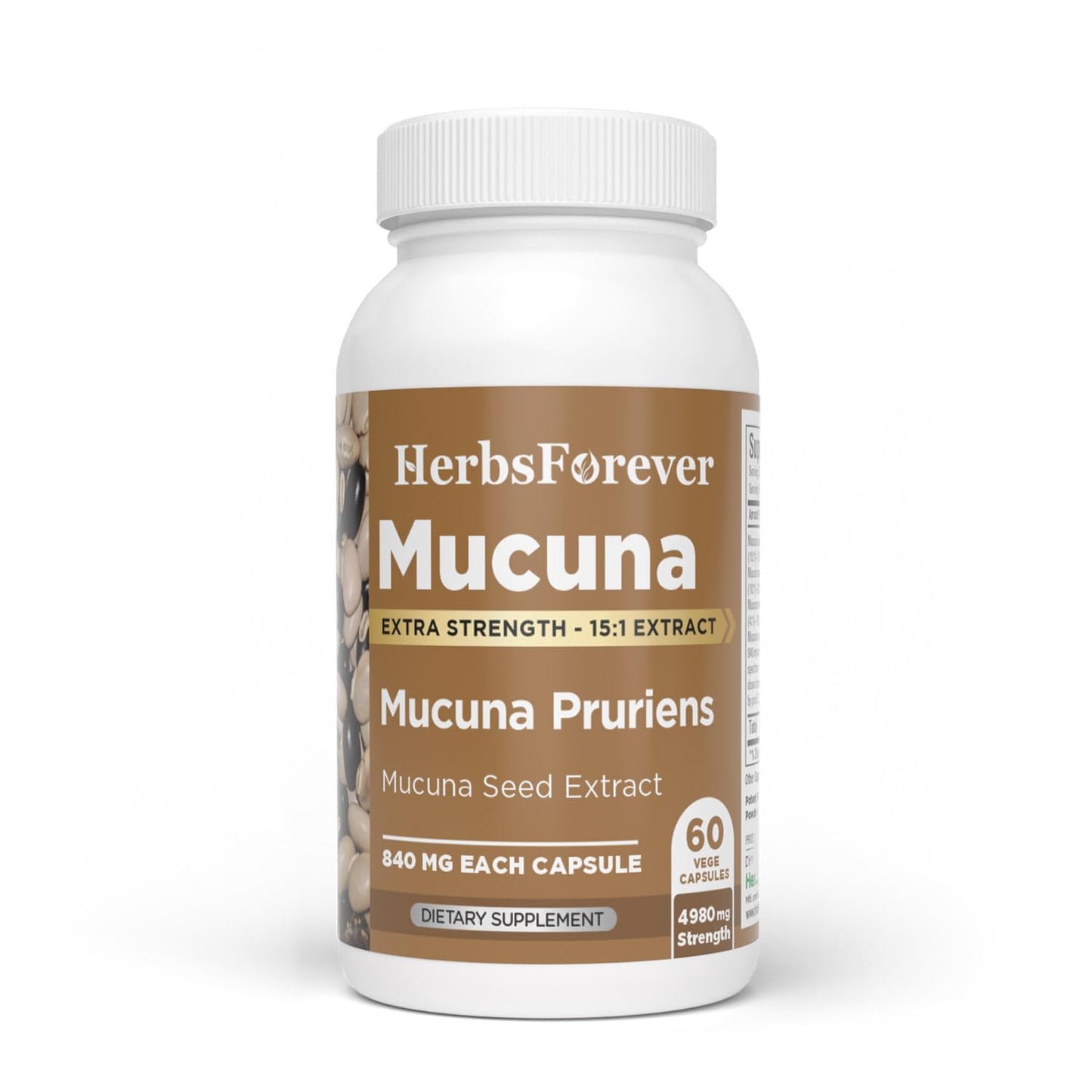 Herbsforever Mucuna Pruriens (Velvet Bean) - Extra Strength (15:1) Extract, Equiv. to 4990mg Seed Powder Per Serving - Brain & Nervous Health, Body Mass Muscles (Natural 30% L-Dapa) Capsules 60
