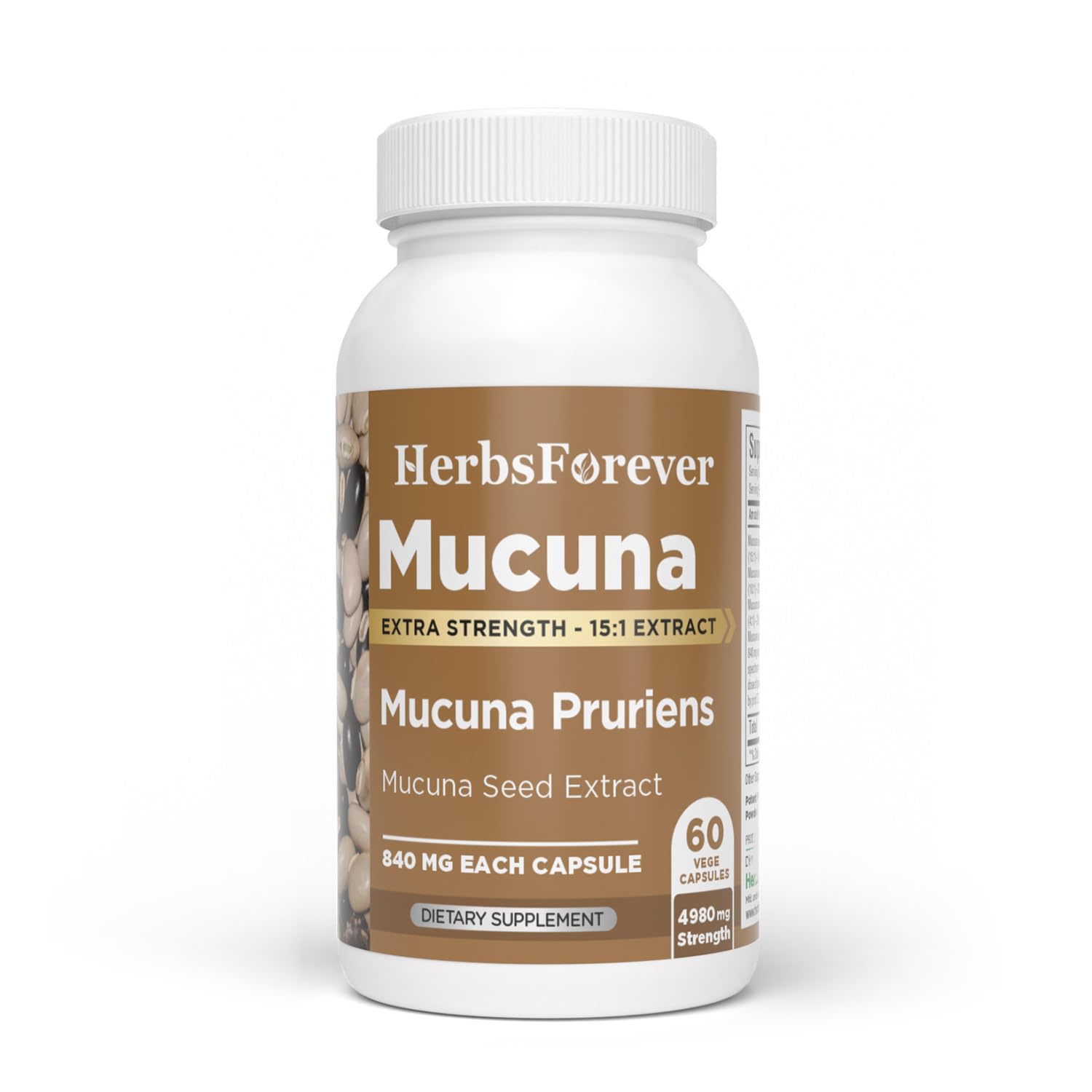 Herbsforever Mucuna Pruriens (Velvet Bean) - Extra Strength (15:1) Extract, Equiv. to 4990mg Seed Powder Per Serving - Brain & Nervous Health, Body Mass Muscles (Natural 30% L-Dapa) Capsules 60
