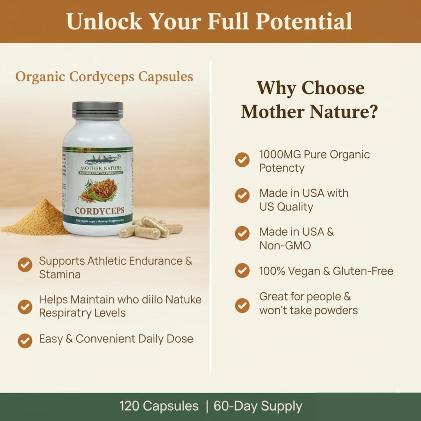 Mn Mother Nature Inc Cordyceps (Ophiocordyceps sinensis) Mushroom Supplement 1000mg Capsules 120