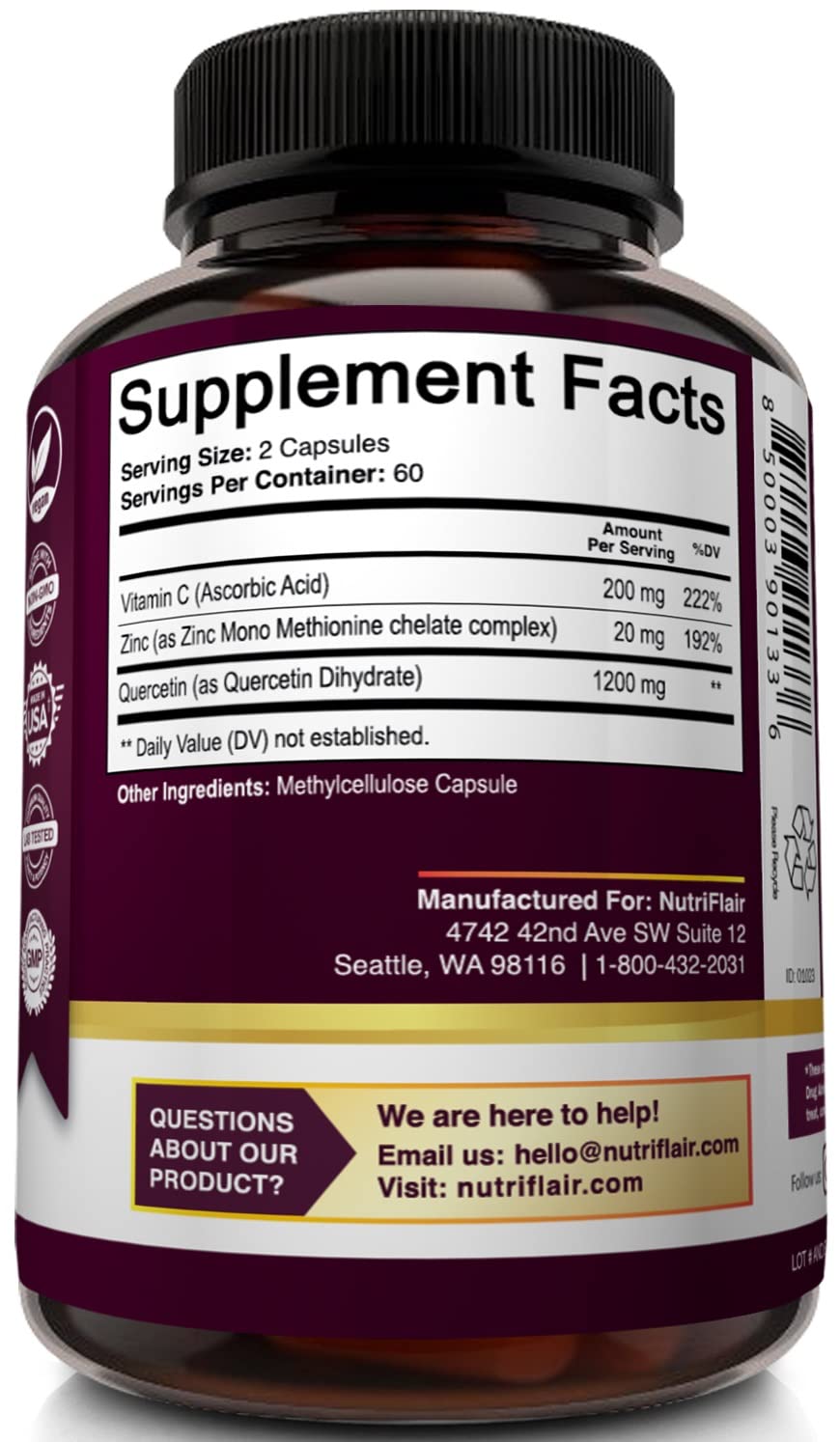NutriFlair Quercetin 1200mg with Vitamin C and Zinc Capsule, 120 Count