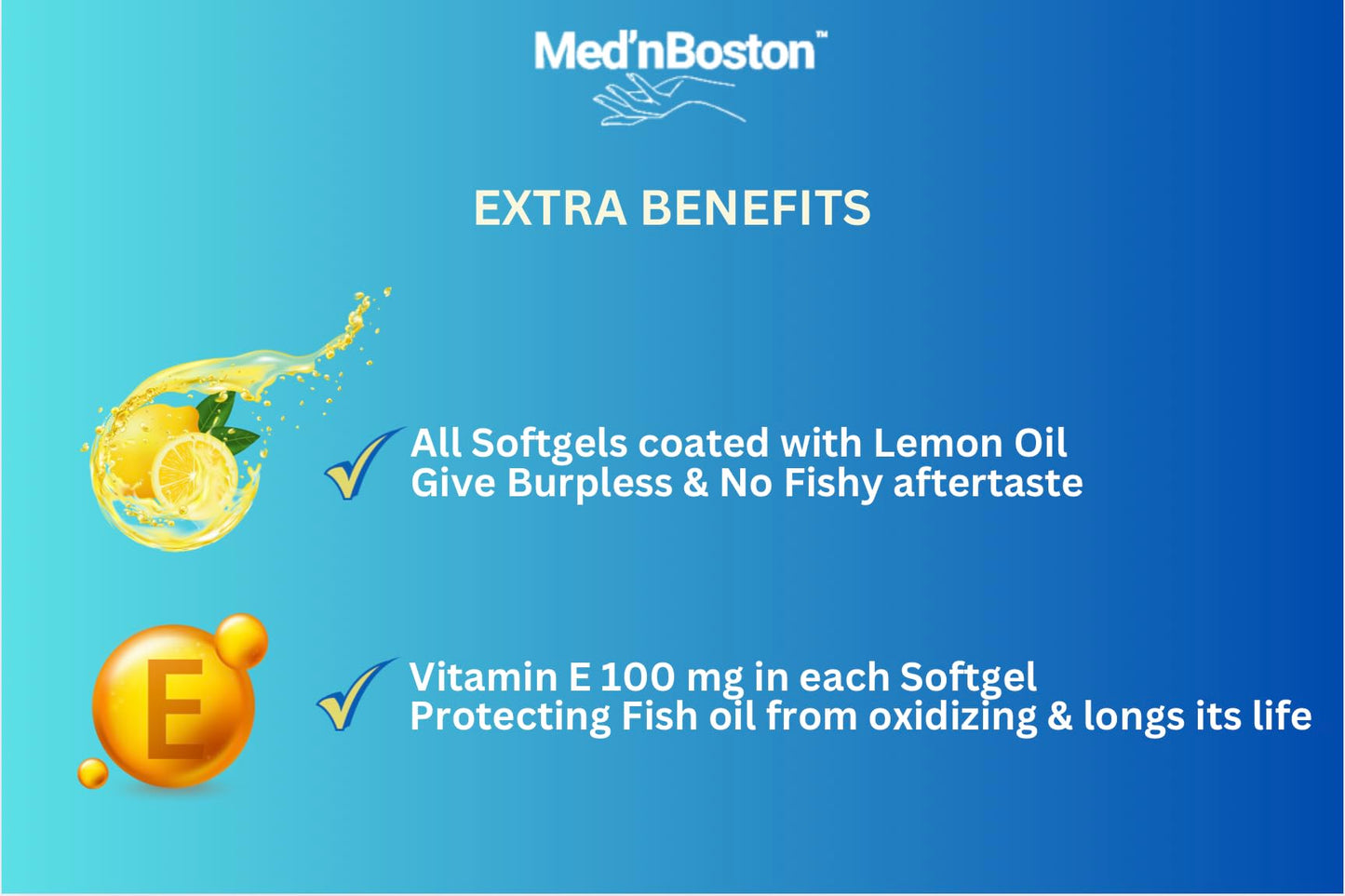 Med'nBoston Fish Oil 1200, 900mg Omega-3 with Vitamin E Softgels, 60 Count