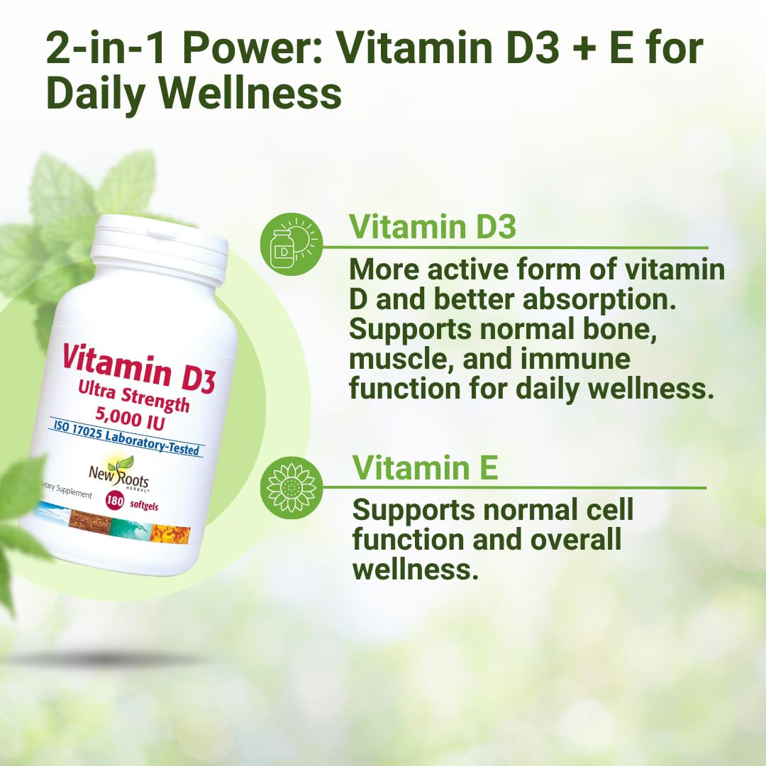 NEW ROOTS HERBAL Vitamin D3 Supplement 5000 IU with Vitamin E Softgels 180 Count