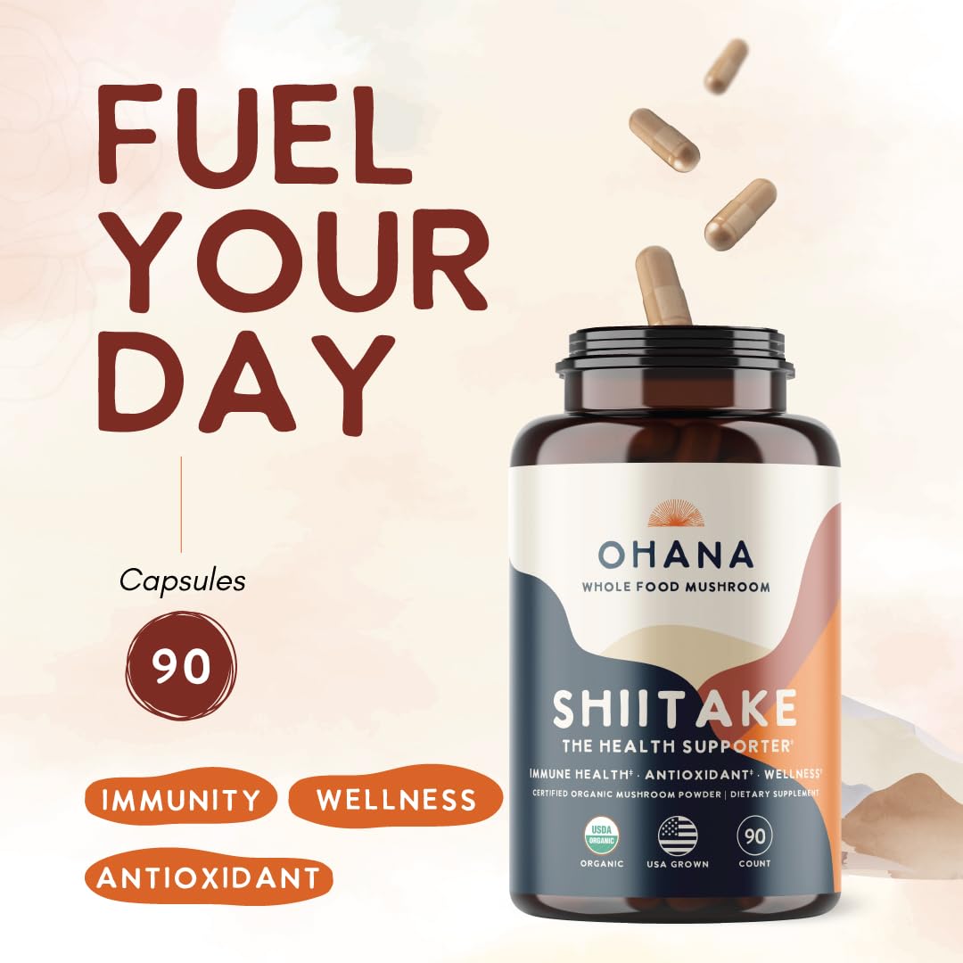 Ohana Mushrooms Shiitake Organic Mushrooms Blend Whole Food Mushroom Supplement, Capsule, 90 Capsules, USDA Organic, Non-GMO, Gluten-Free