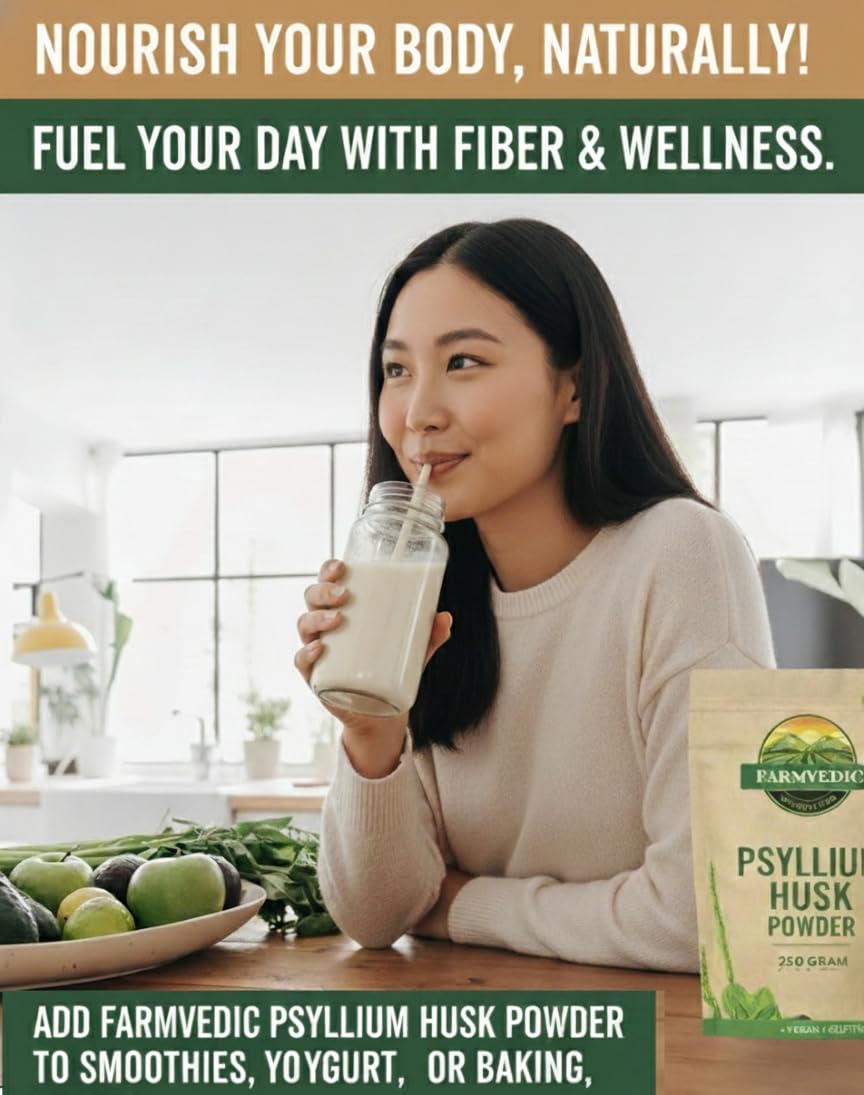 FARMVEDIC Psyllium Husk Fiber Powder Unflavored, Gluten-Free, Non-GMO, 8.81 oz