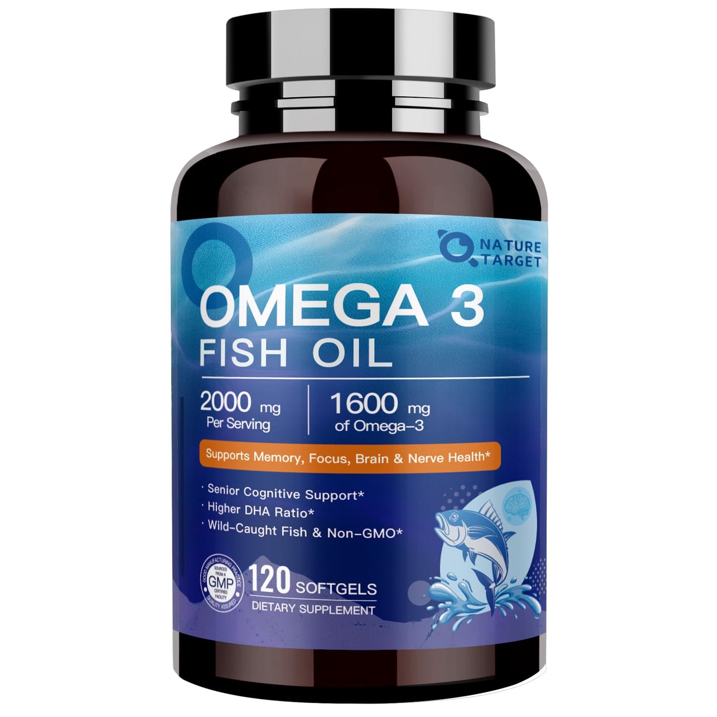NATURE TARGET Omega 3 Fish Oil 2000mg EPA DHA with PS & CoQ10 Non-GMO Softgels 120