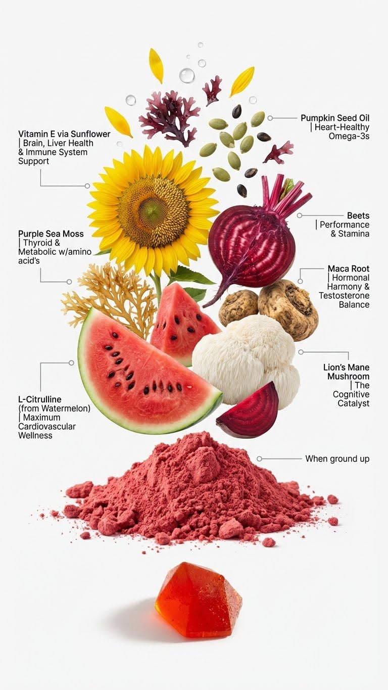 BDE Wildcrafted Sea Moss Gummy Maca Root, Beets, Lions Mane Mushroom, Vitamin D + E - Vegan Collagen, Zinc, Immunity & Detox, Gut Health, 60 Count