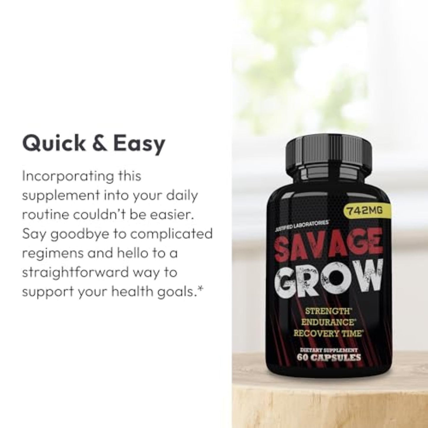 Justified Laboratories Savage Grow for Men - Testosterone Support Supplement for Strength, Endurance & Recovery - Tongkat Ali, Saw Palmetto Capsule, 1 Count