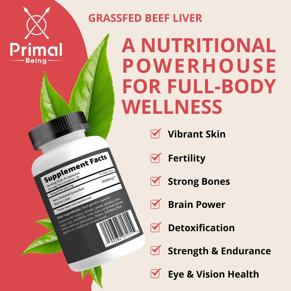 Primal Being Grassfed Beef Liver 3000mg Freeze-Dried Capsules, 180 Count