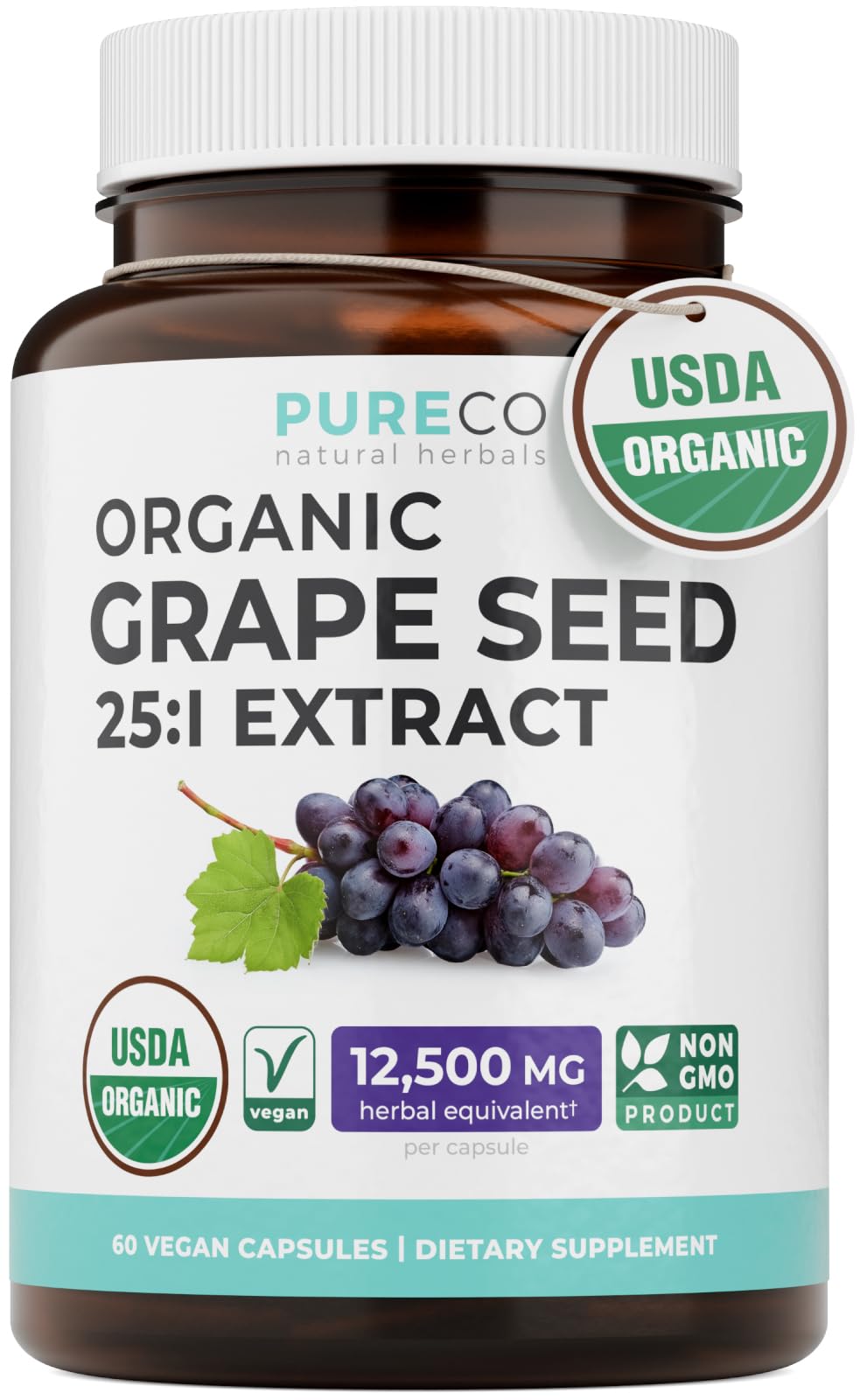 PURE CO Grape Seed Extract, USDA Organic, High Potency 25:1, Capsule, 60 Count