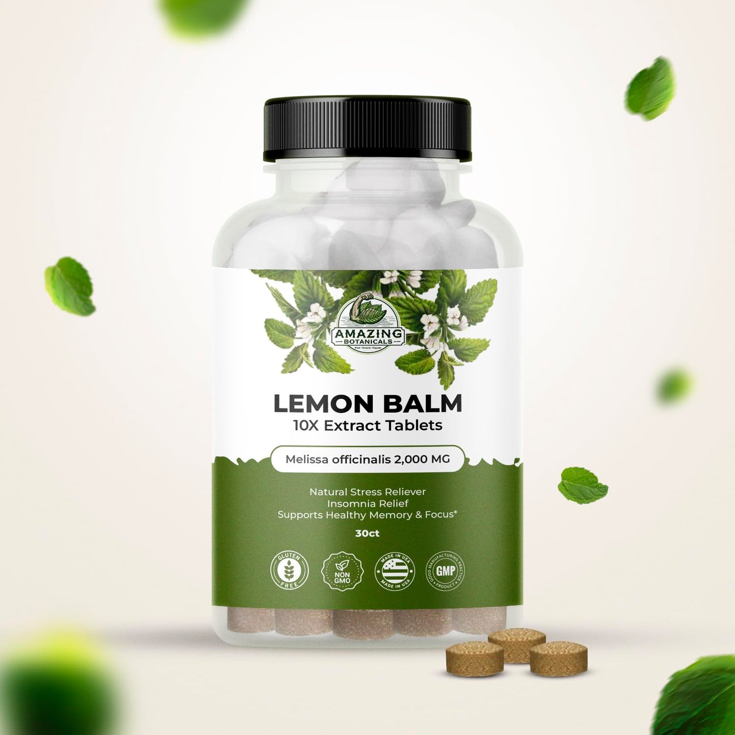Amazing Botanicals Lemon Balm 10X Extract Tablets 200 mg per Serving Melissa Officinalis, Supports Calm and Relaxation, 30 Tablets