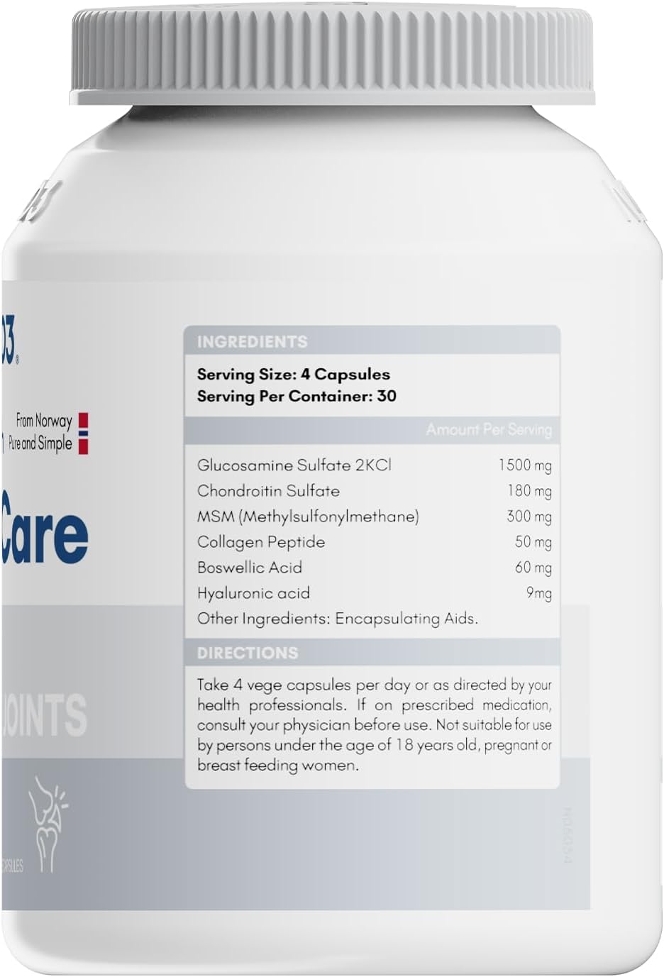 NYO3 Glucosamine 1500mg with Chondroitin MSM Collagen Peptide Joint Support Supplement, 120 Capsules