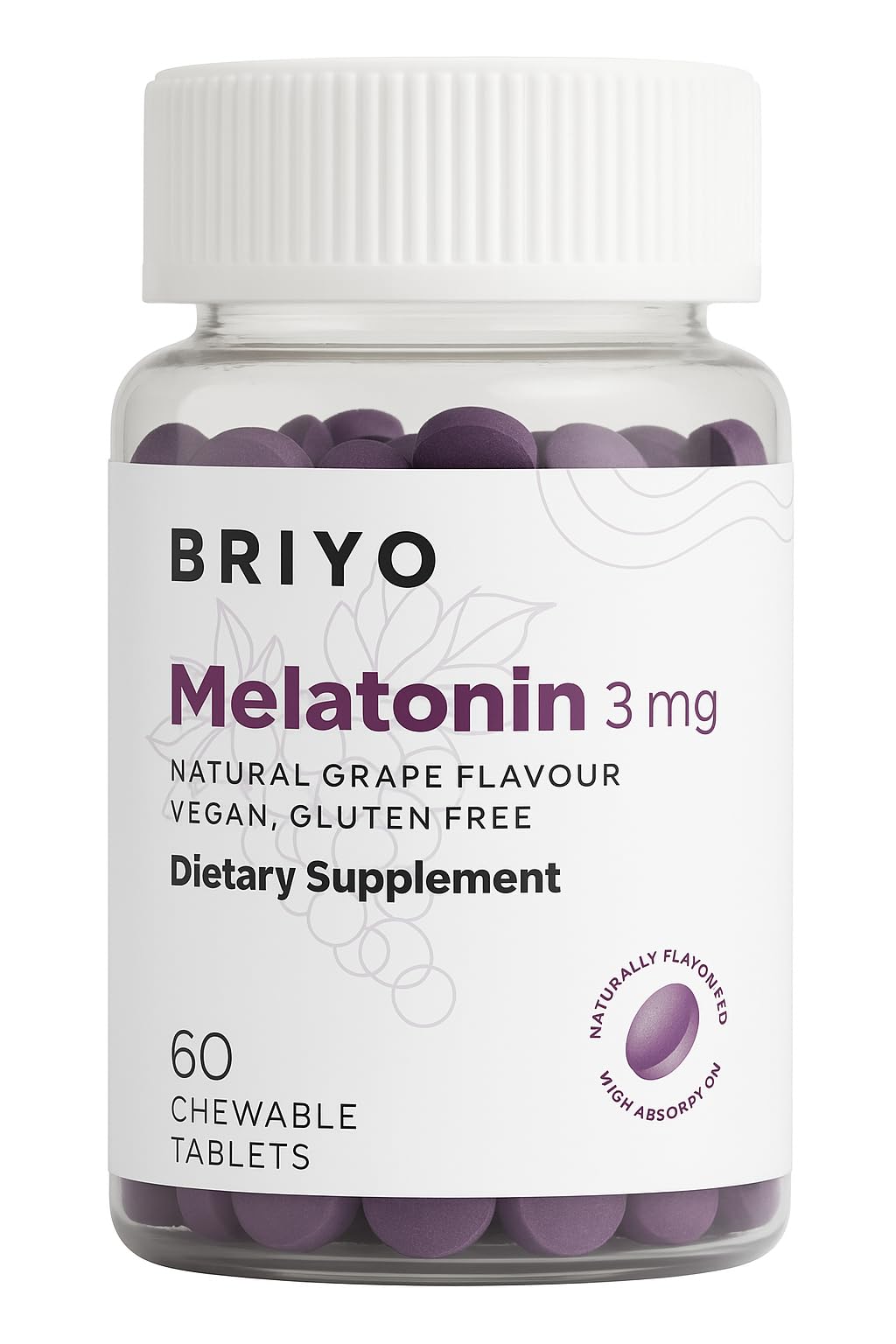 Briyo Melatonin 3 mg Natural Grape Flavoured Chewable Tablets, 60 Chewables